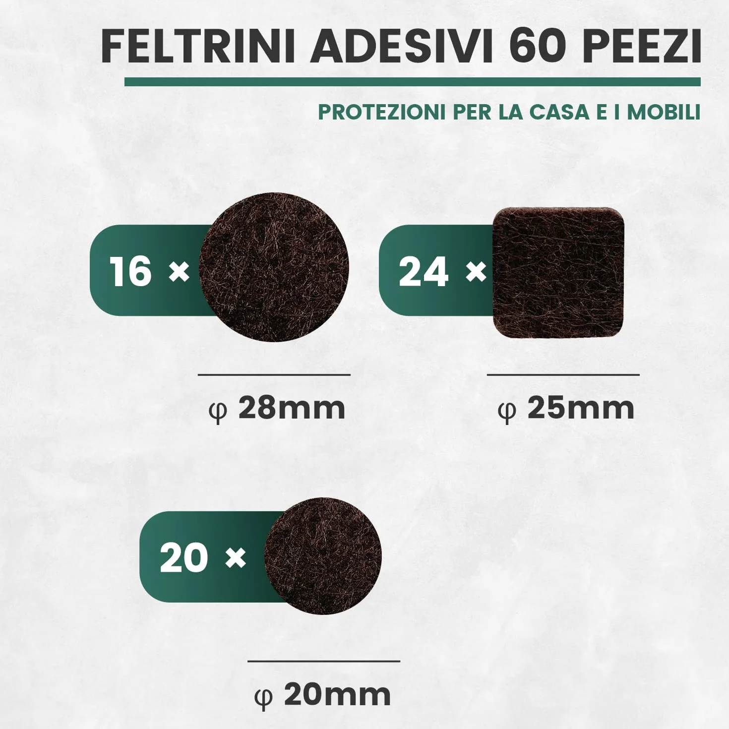 60 Feltrini Adesivi per Mobili Sedie, Piedini in Feltro Rotondi Quadrati, 3mm Antiscivolo