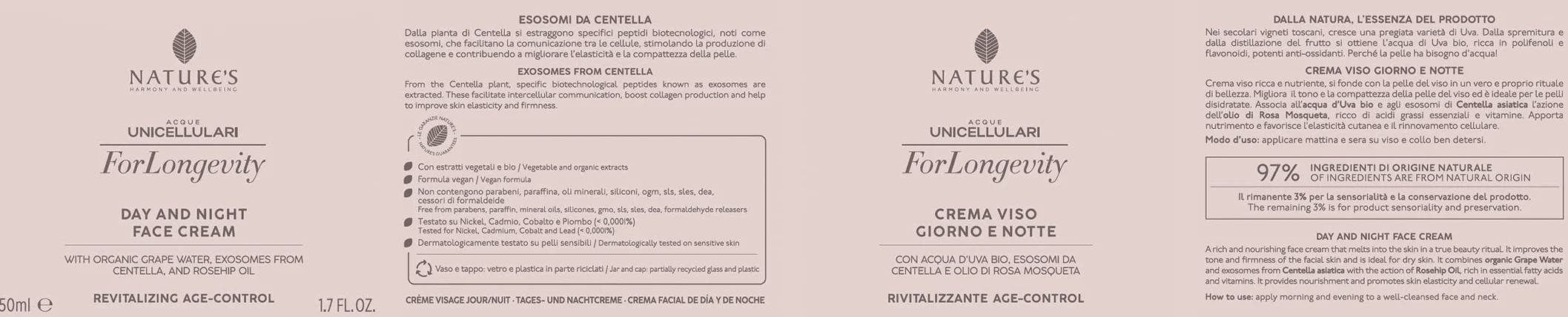 NATURE'S - ForLongevity Crema Viso Giorno Notte con Acqua d'Uva Bio, Esosomi di Centella Asiatica e Olio di Rosa Mosqueta, Nutriente e Rigenerante per Pelli Disidratate 50 ml