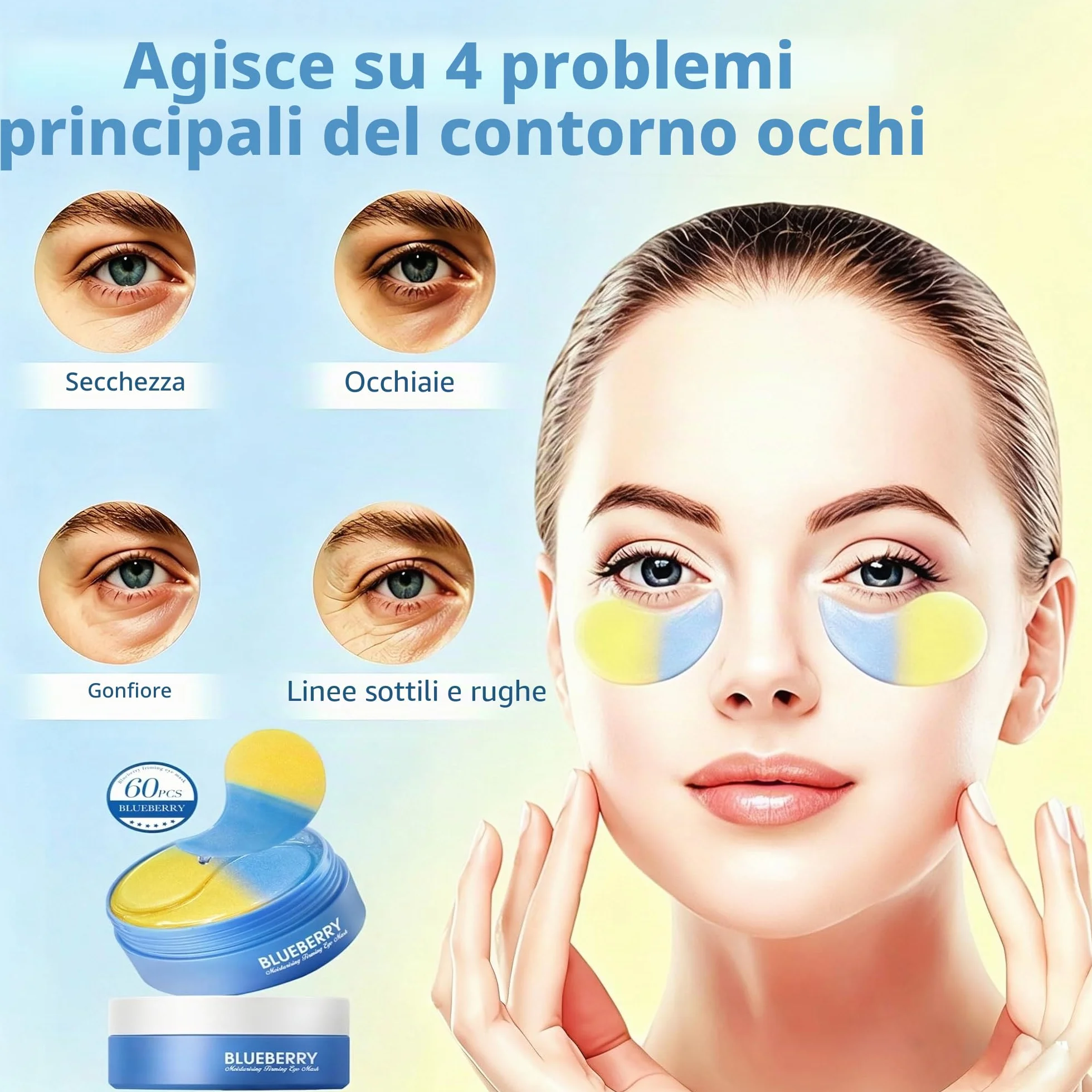 Patch Occhi per Borse e Occhiaie, 60PC Maschera Occhiaies,Maschera Collagene Patch,Eye Patches Essence,Allevia la Stanchezza, Elimina le Borse e Riduce le Rughe