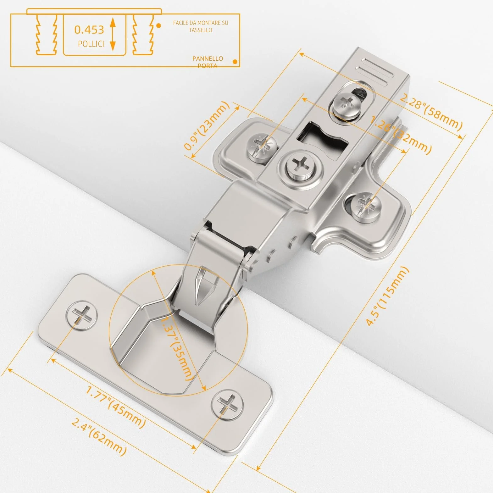 Furniware Cerniere a Scomparsa 3D Clip-On Incasso Angolo 45°-105°, Nichel Satinato, Acciaio Inox per Ante