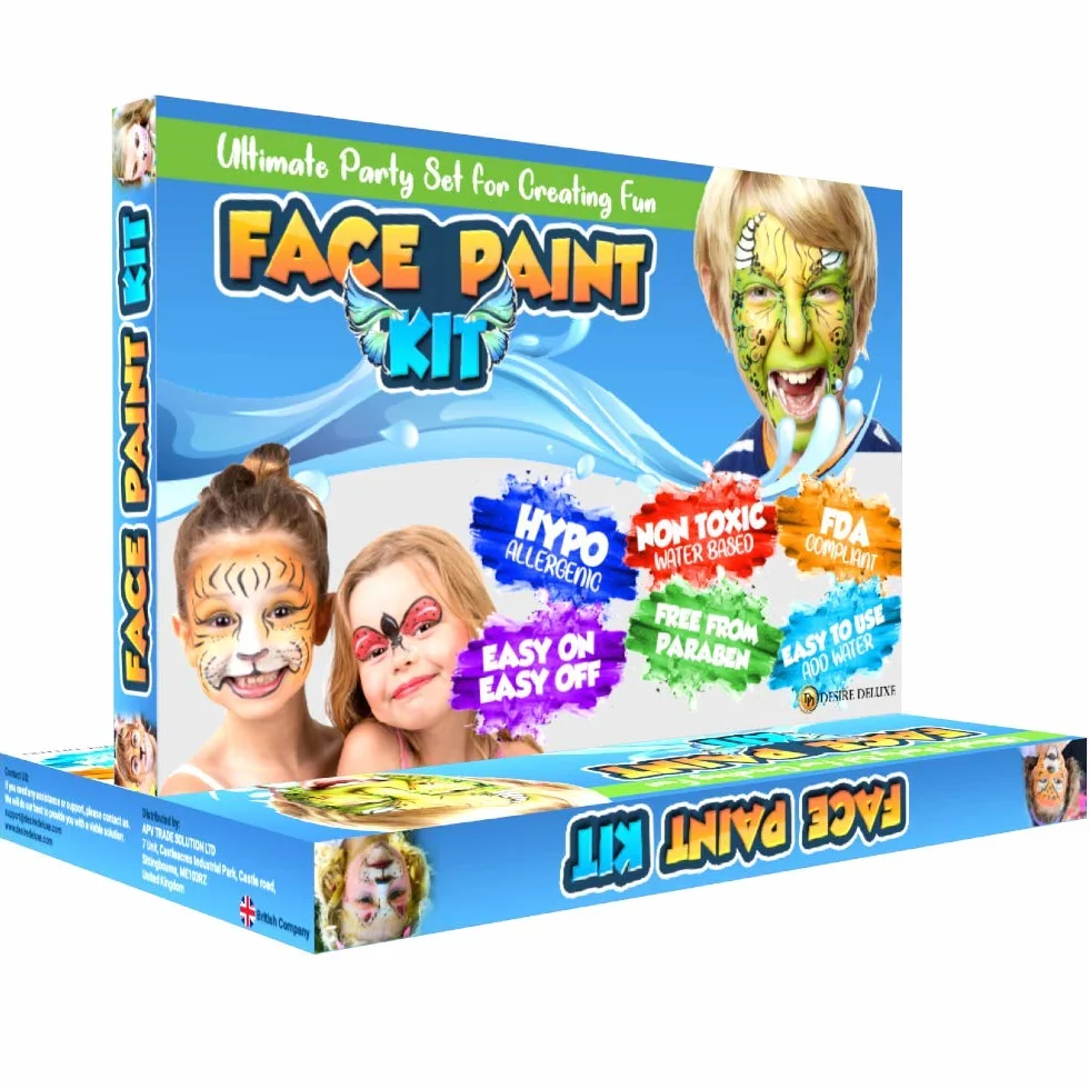 Desire Deluxe Kit Truccabimbi Set Colori per il Viso Tavolozza con Glitter, Stencil e Tatuaggi per Bambini, Ragazzi e Ragazze Regalo Perfetto per Halloween, Natale, Compleanno e Feste