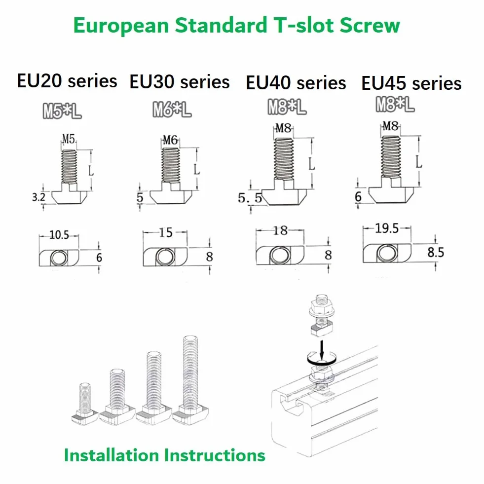 Bulloni a T M8x40mm Acciaio al Carbonio Nichelato per Profili in Alluminio Standard Europei