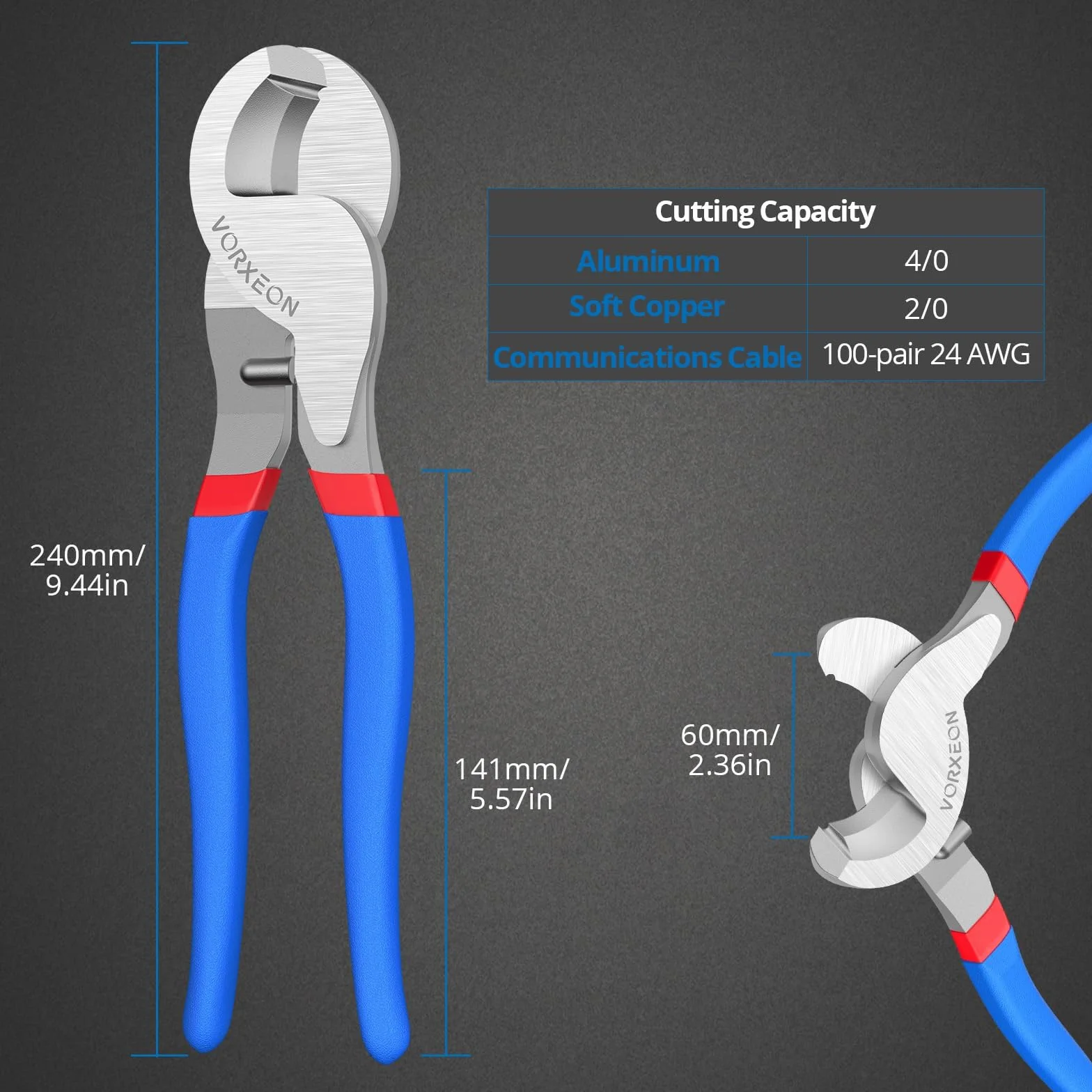 Tagliacavi 240mm, Wire Cable Cutters Acciaio 55#, Utensili da Taglio per Cavi Alluminio e Rame 0-70mm²