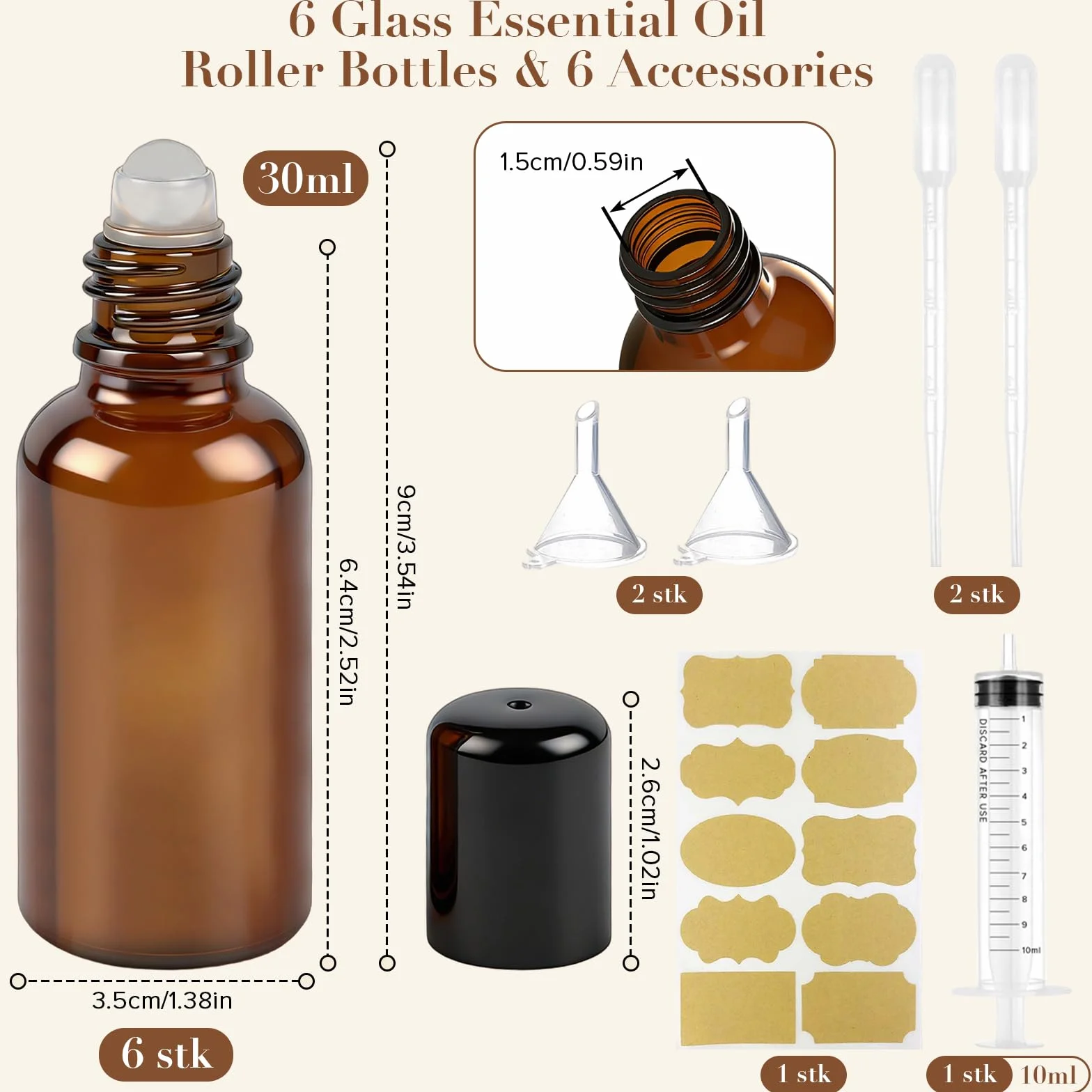 6 bottiglie di vetro rollon da 30 ml per olio essenziale, rollon bottiglia vuota, con sfera in vetro, ricaricabili in Rollon marrone con 6 accessori per profumo, massaggio, aromaterapia