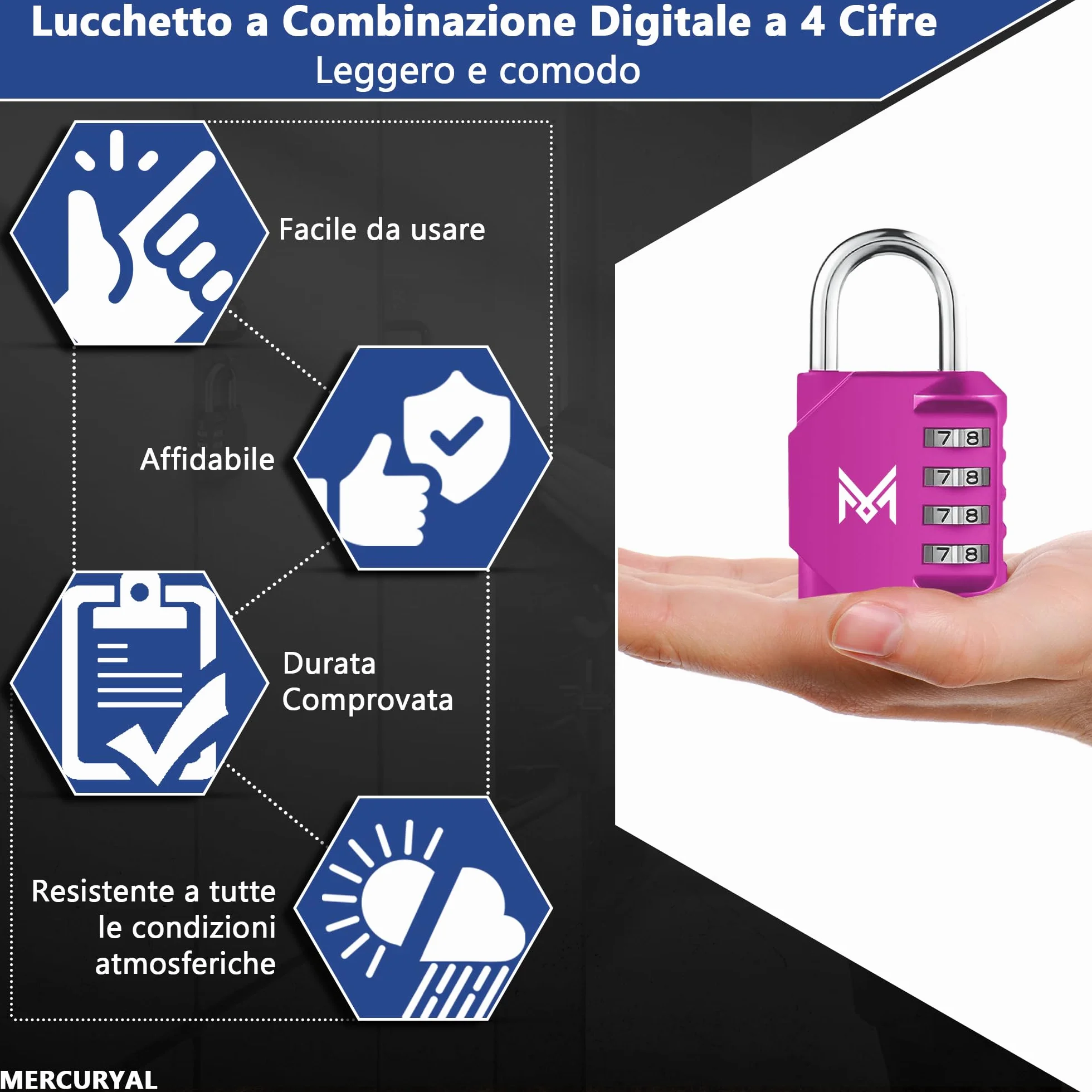 MERCURYAL Lucchetto Combinazione Impermeabile 4 Cifre per Armadietto Palestra Rosa
