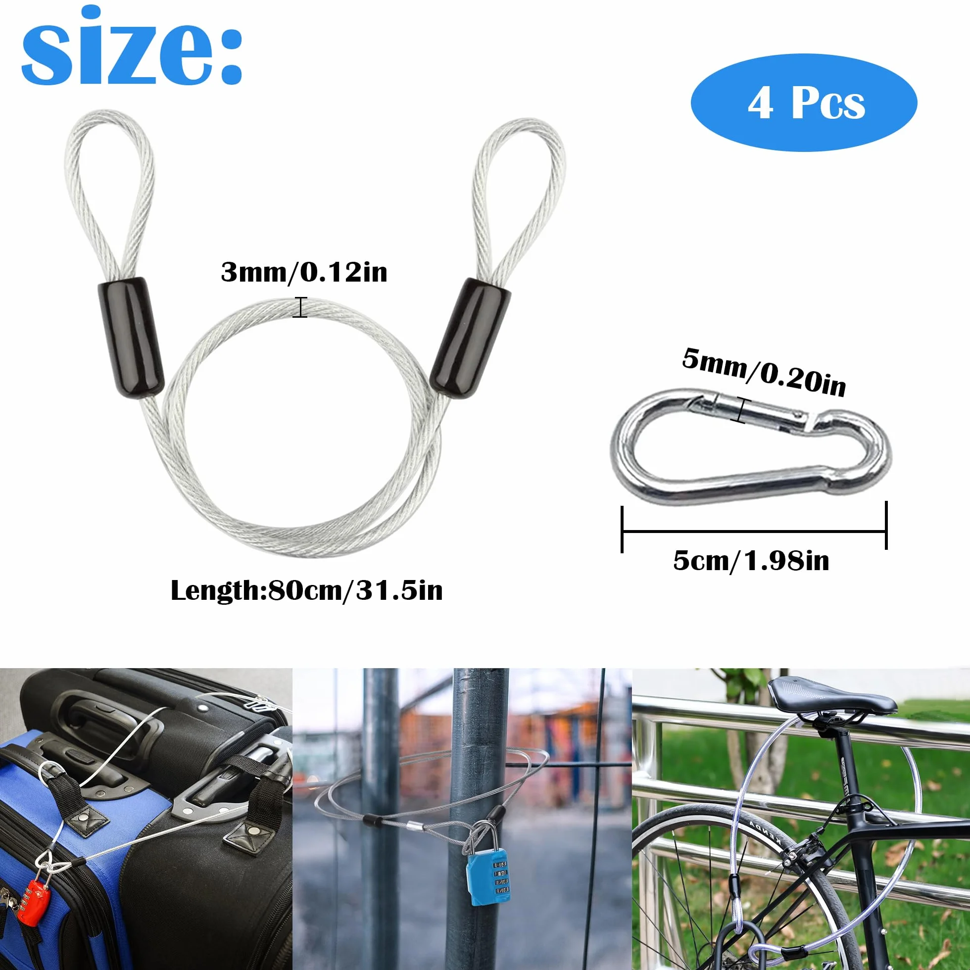Cavi di Sicurezza in Acciaio Inox per Bici 4 Pezzi Doppio Anello