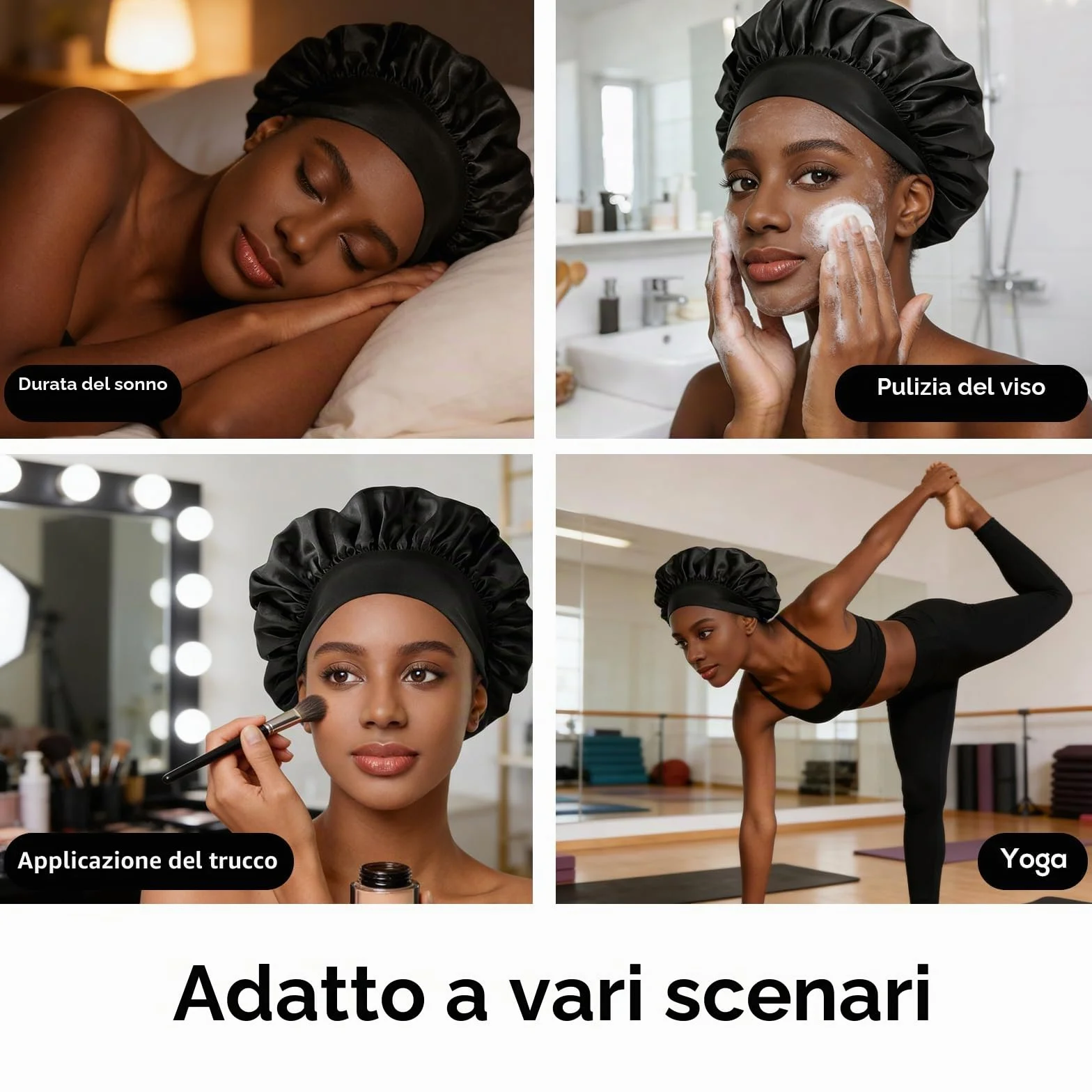 Romon Cuffia di Seta per La Notte Capelli Ricci, 2 Pezzi Cuffia in Seta Respirante Regolabile, Berretto da Notte per Donna con Capelli Lunghi O Ricci, Nero