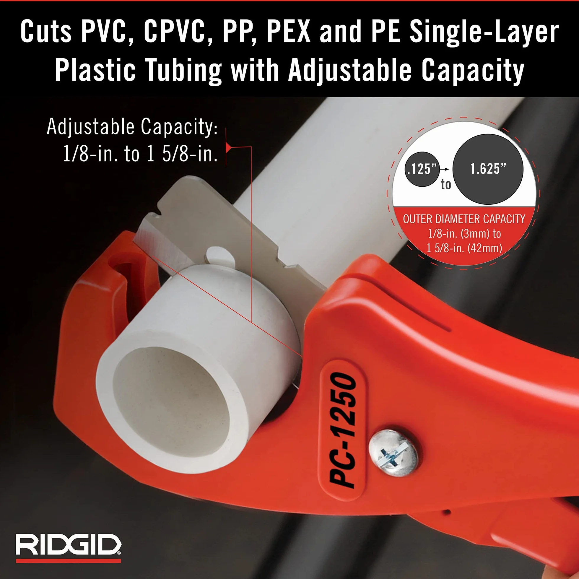 RIDGID PC-1250 Tagliatubi a Singolo Scatto per Tubi di Plastica 3-41 mm