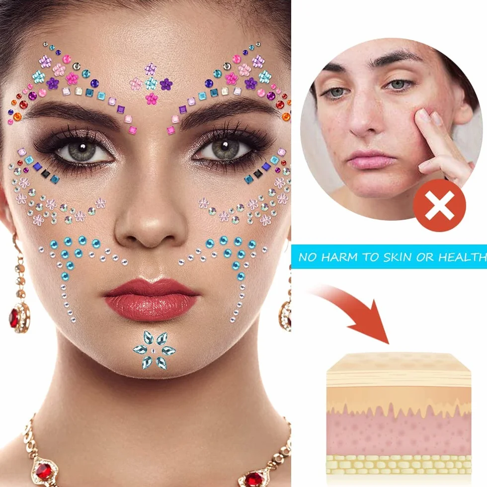 URAQT Strass Adesivo, 1800+ Pz Brillantini di Gemme per Make Up, Glitter per Viso Corpo Occhi, Decorazioni per Carnevale, Feste, Trucco
