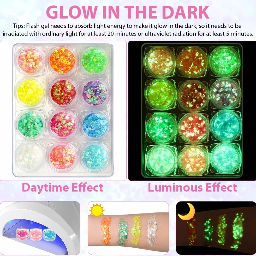 Fluorescente Paillettes, 12 Colori Gel Glitter per Corpo, Fluoreszierendes Glitzer, Brillantini Make Up Gel per Corpo, Labbra, Trucco, Mascherata, Halloween, Natale, Musicali Feste
