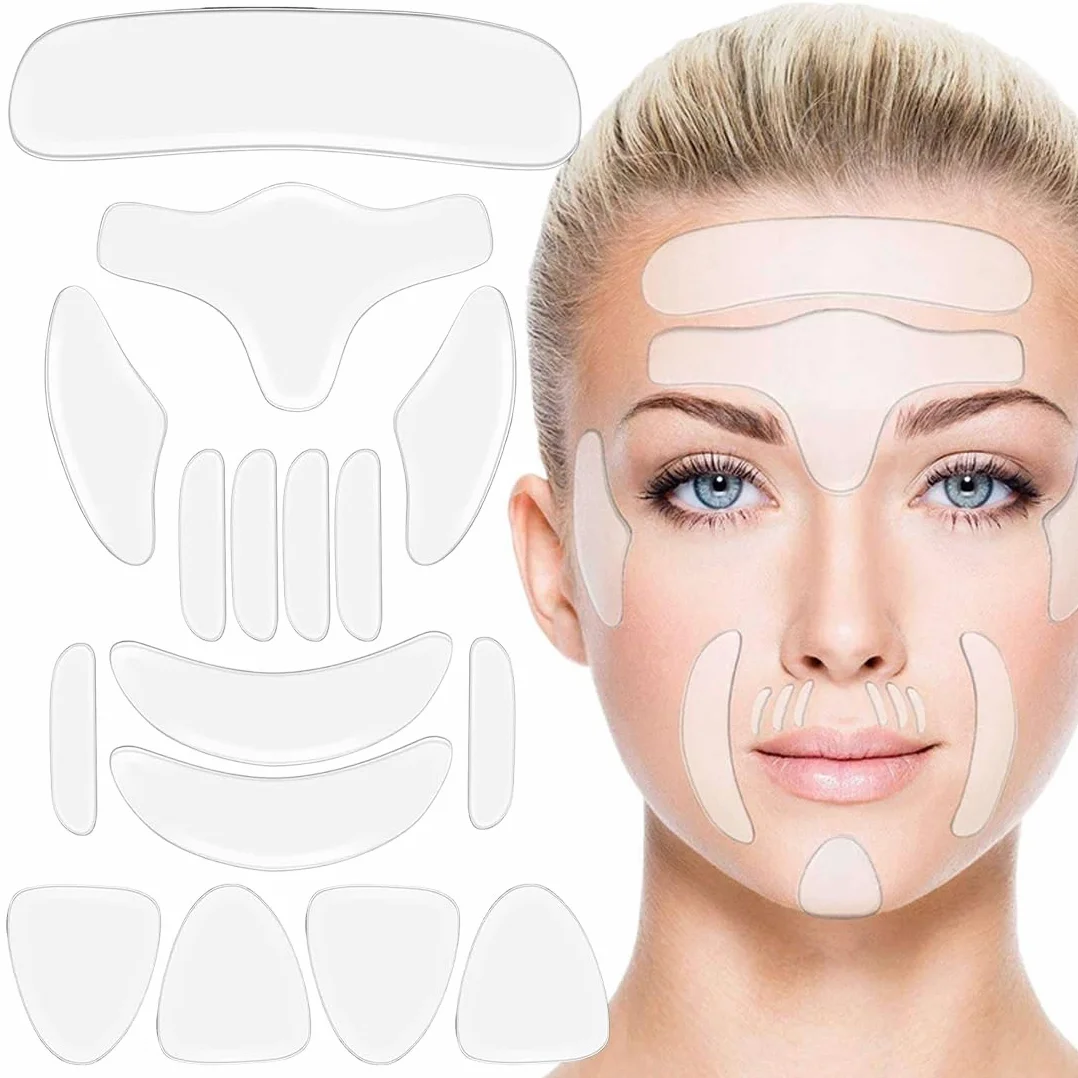 Cerotti per Il Viso Silicone Pad Silicone Riutilizzabili Adesivi Antirughe per il Viso Compreso di Petto Patch Collo Collo Maschera Gli Occhi Guancia Fronte Pad per Riduzione Rughe, 16 pezzo