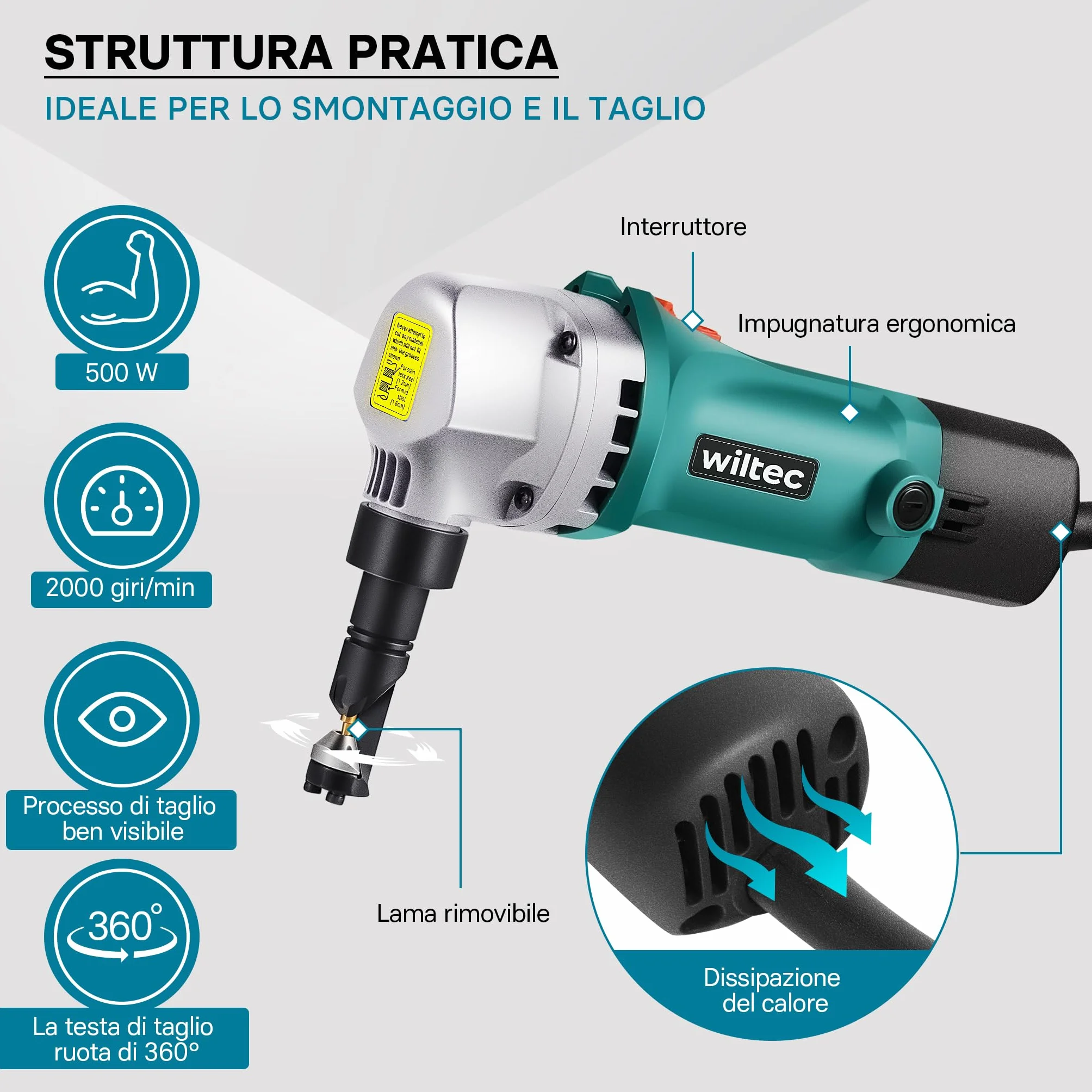 Roditrice per lamiera 500W profondità di taglio 2,5mm testa rotabile 360°