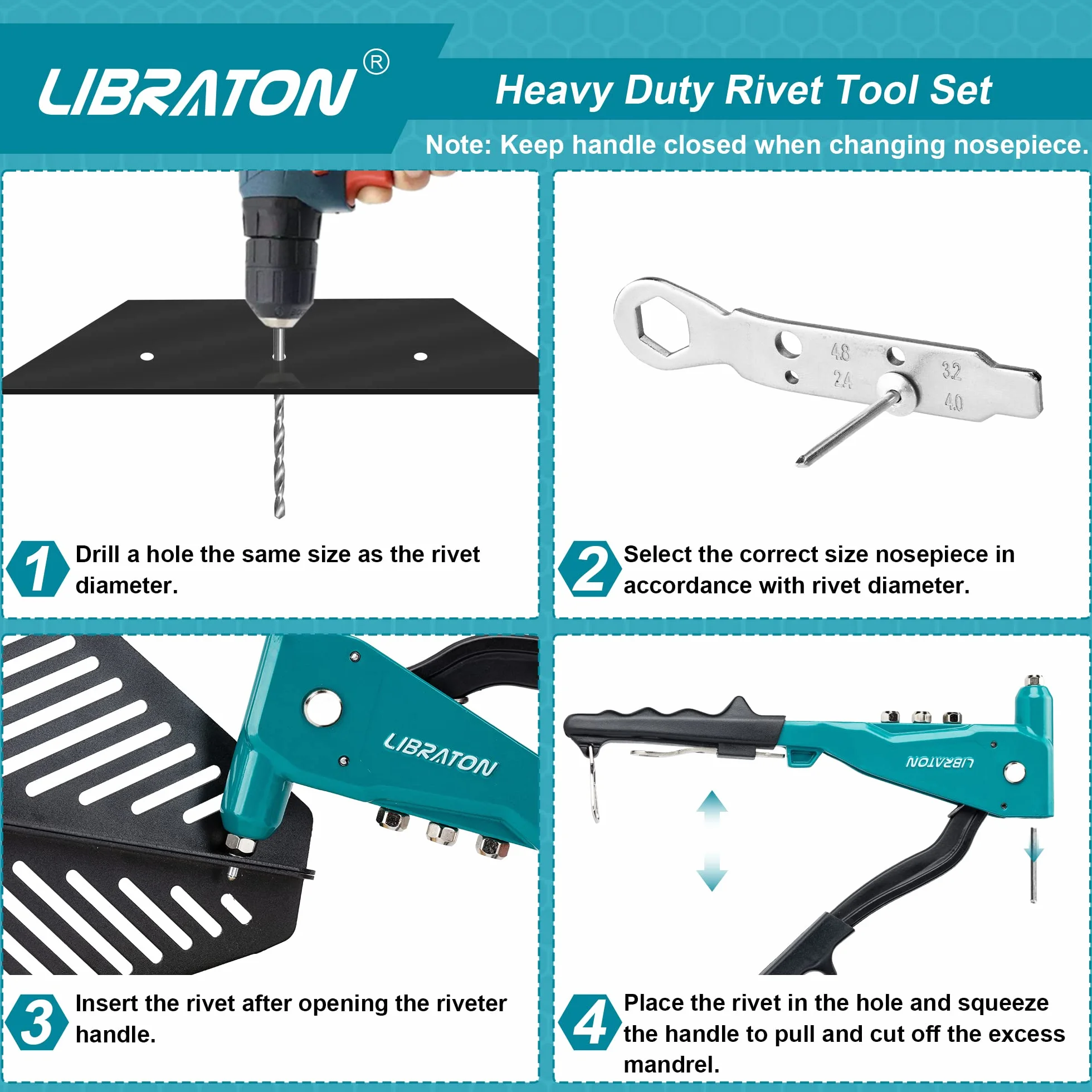 Libraton Rivettatrice Manuale 4 in 1 Pistola per Rivetti con 100 Rivetti Alluminio e 4 Punte HSS