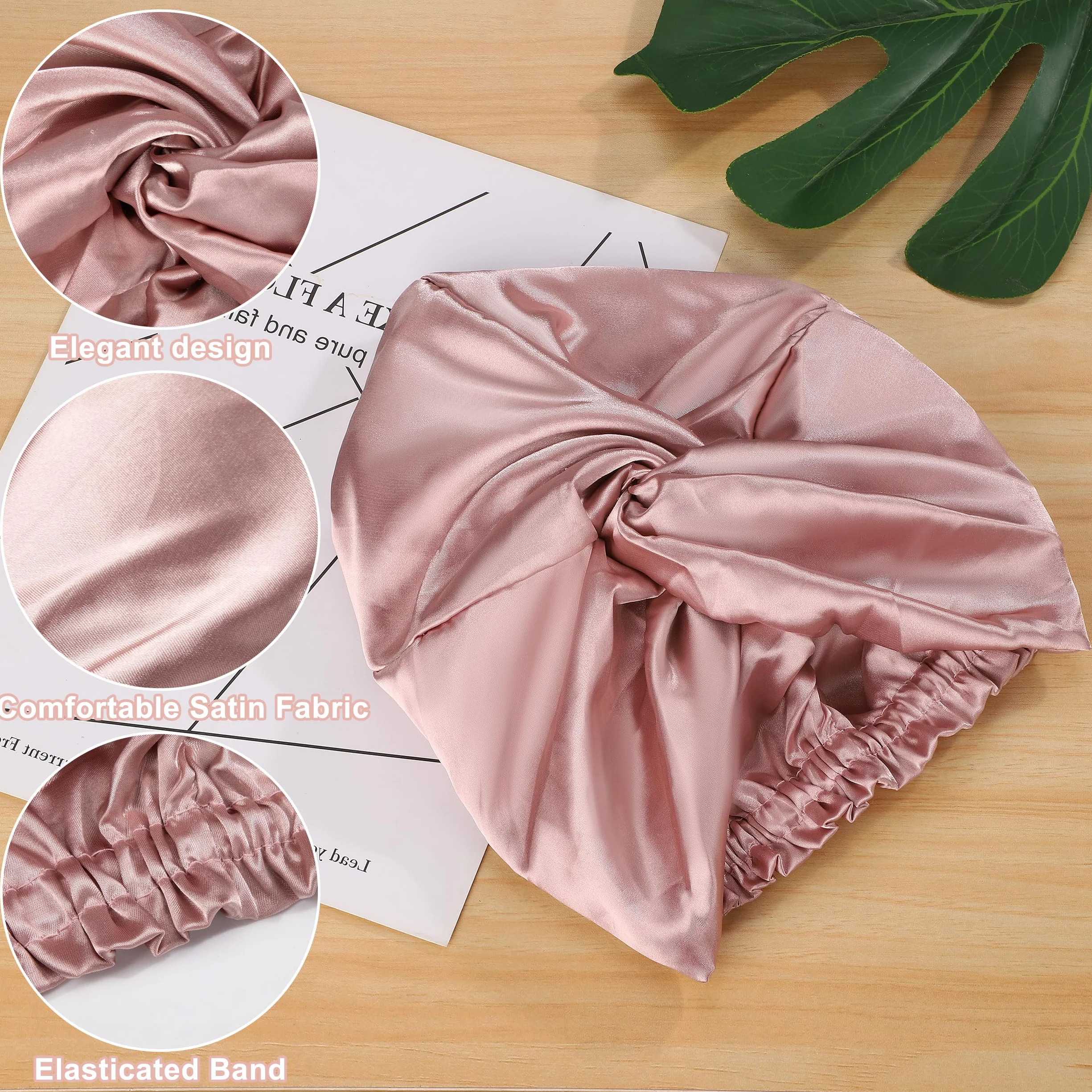 Cappello da Notte in Raso Cuffia da Donne con Fascia Elastica Berretto di Satinato 2 Pezzi Nero Champagne per Dormire