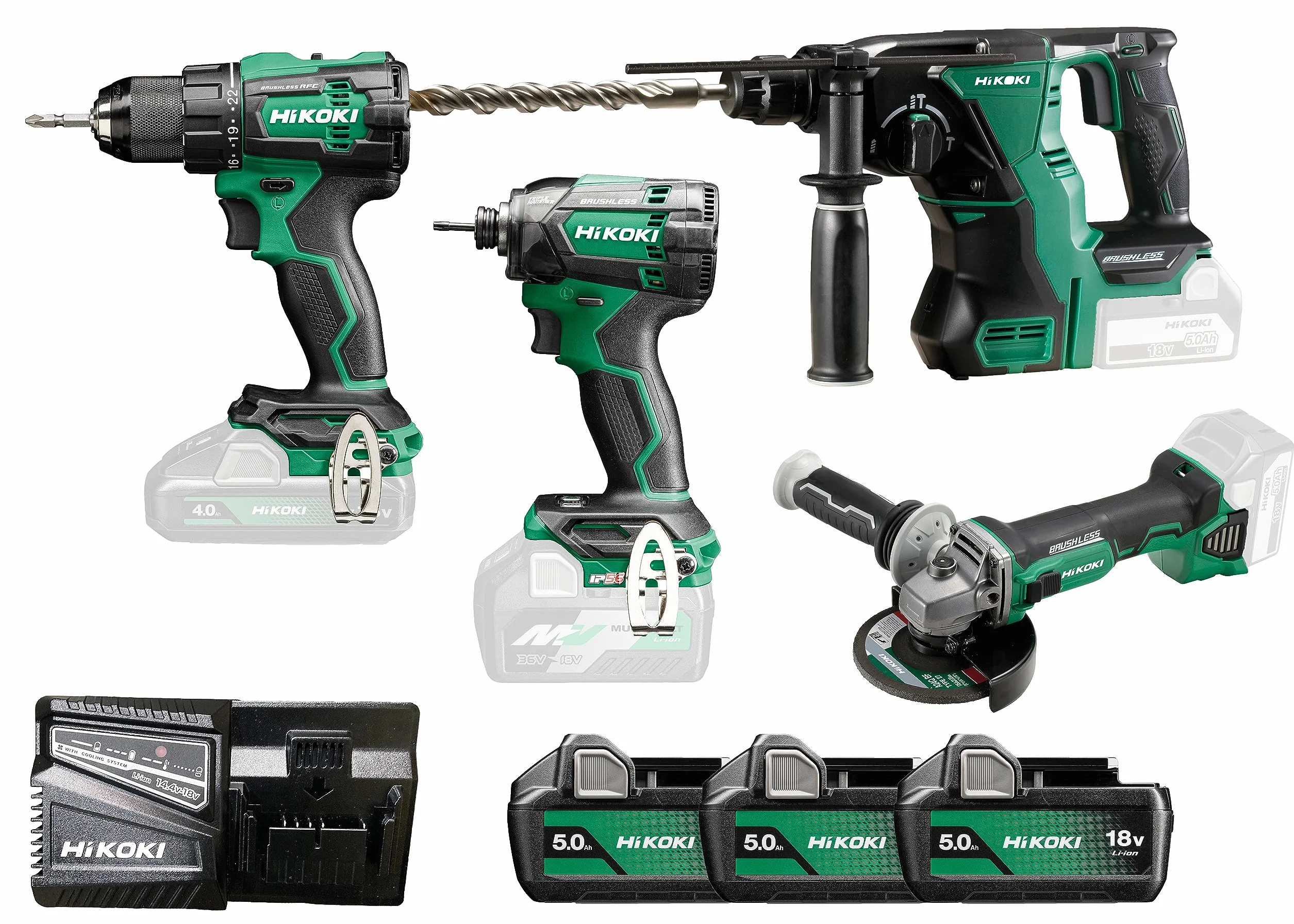 HiKOKI Kit Combinato a Batteria Trapano Avvitatore Avvitatore a Impulsi Smerigliatrice Angolare Martello Perforatore 3 Batterie 5.0Ah Caricabatterie Borsa da Trasporto