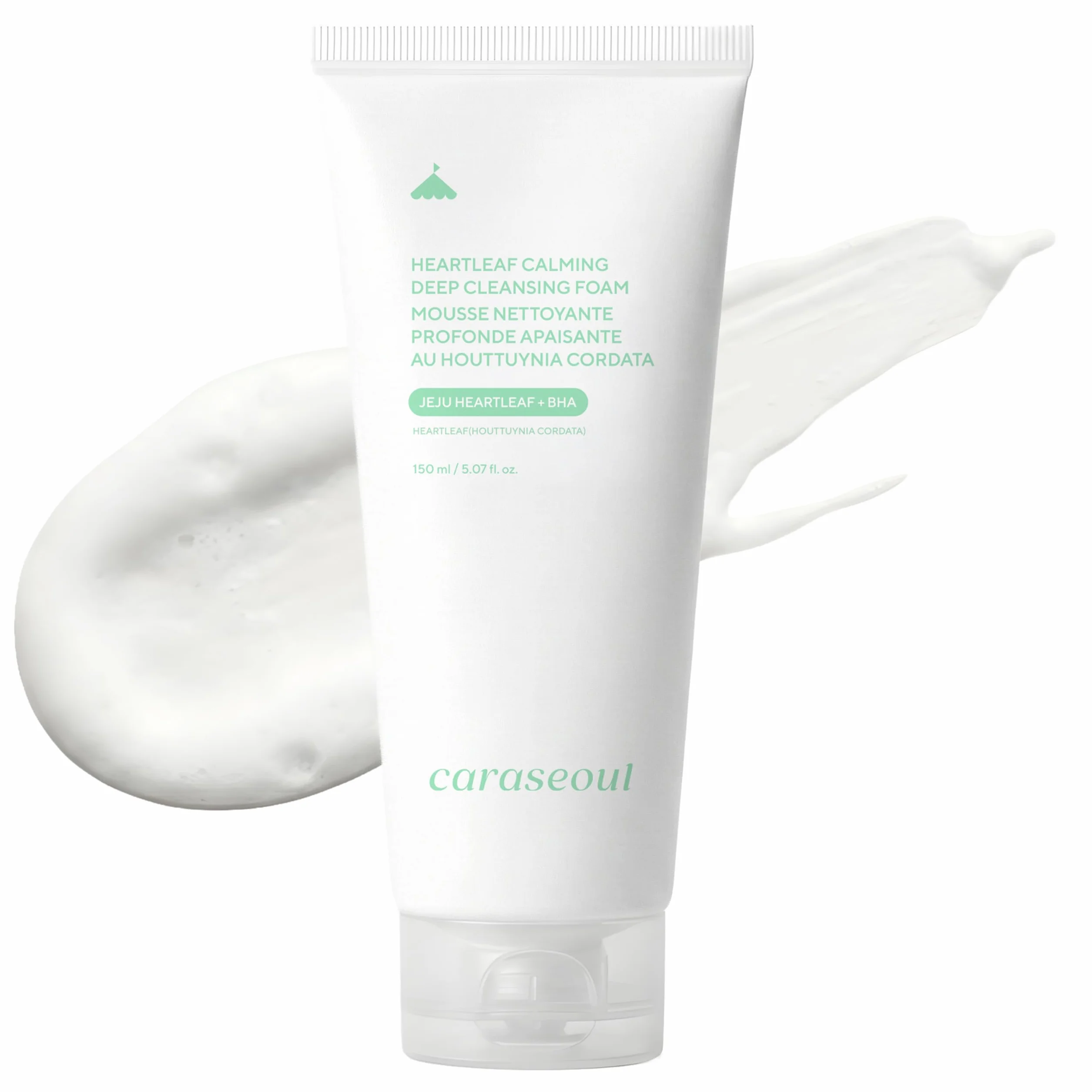 caraseoul Heartleaf Schiuma Detergente Viso Idratante, Doppia Detersione, Pulizia Profonda dei Pori, con Acido Ialuronico e BHA, per Pelle Sensibile, Grassa e Mista, Skincare Coreana, Vegana (150 ml)