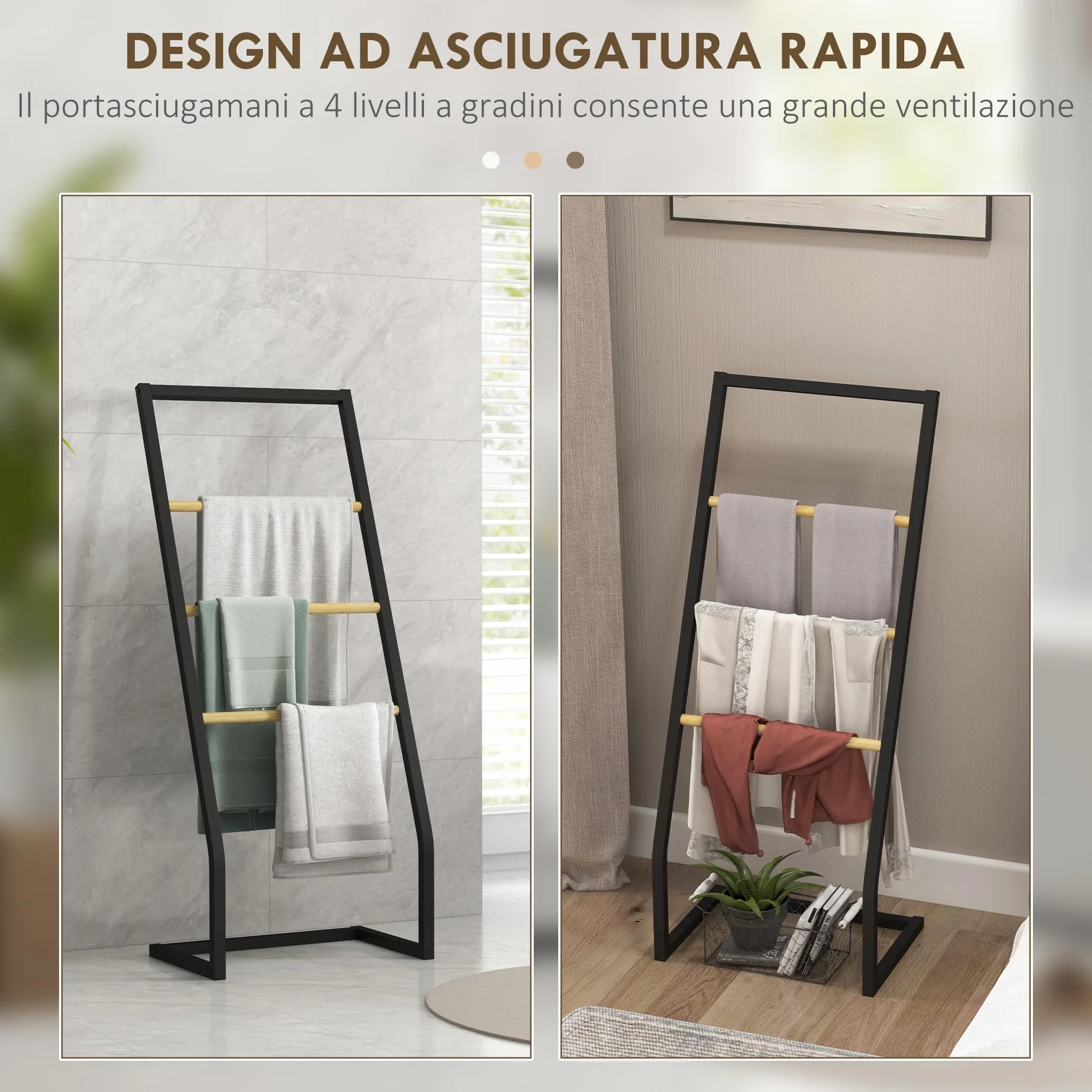 HOMCOM Portasciugamani a 4 Livelli in Acciaio e Bambù, 40.5x28x98 cm, Nero