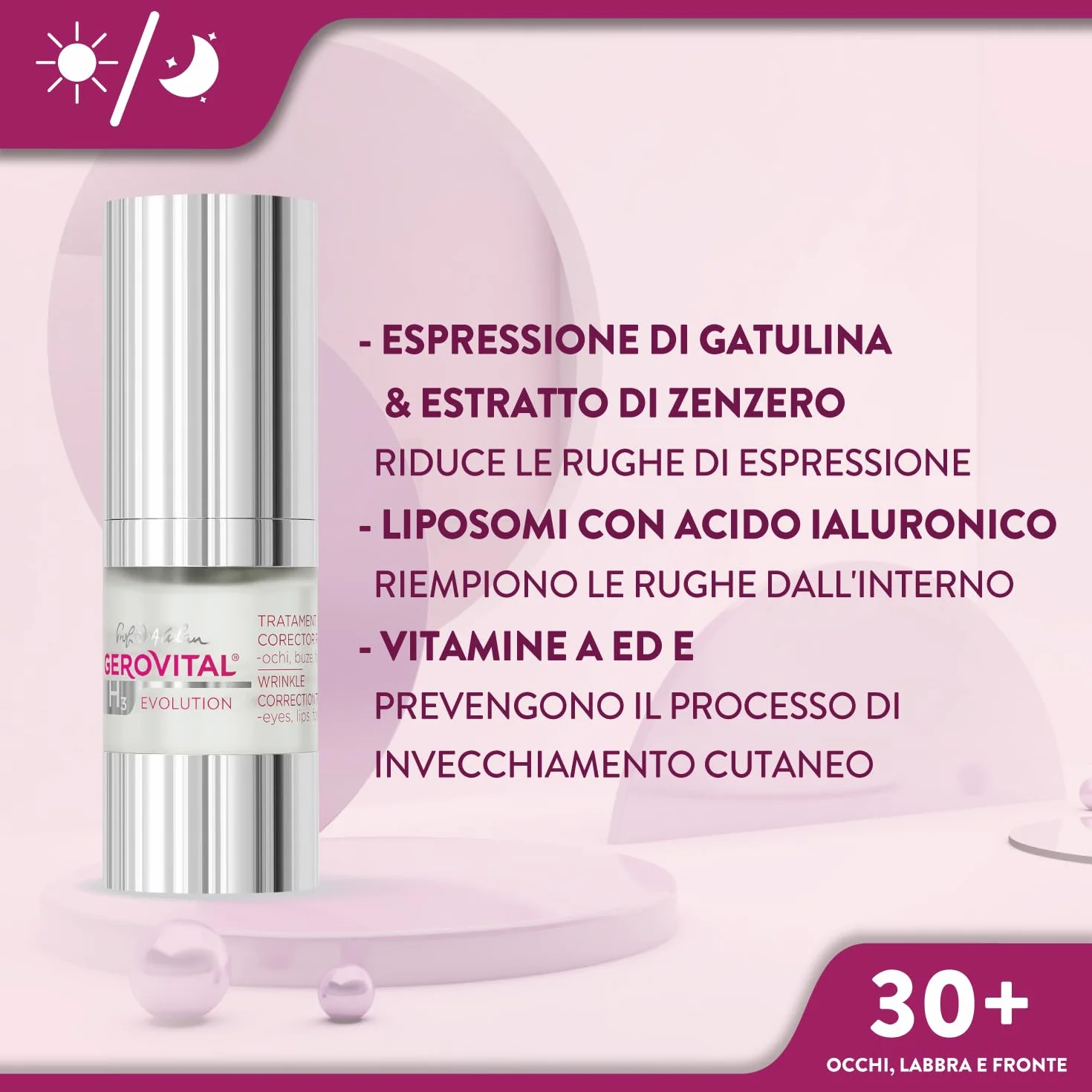 Siero Antirughe Contorno Occhi, Labbra e Fronte con Acido Ialuronico e Vitamina A ed E, Riduce le Rughe Profonde, Migliora l’Elasticità della Pelle, Gerovital H3 Evolution,15 ml