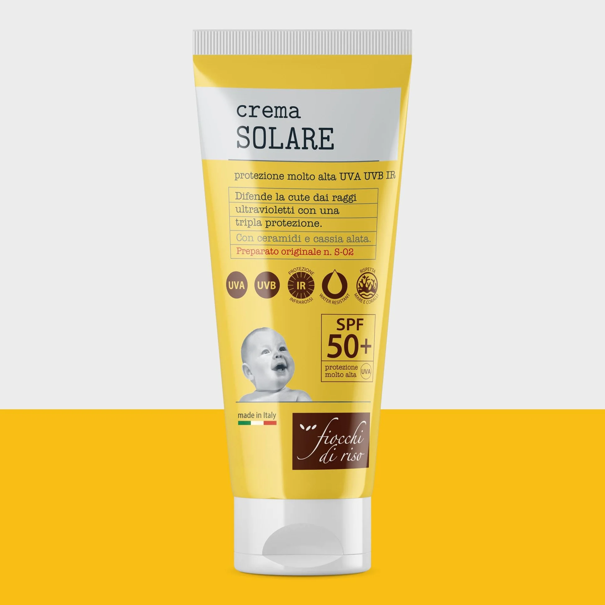 Fiocchi di Riso - Crema SOLARE 50+ - 100ml - PROTEZIONE SOLARE - SPF 50+ - Ideale per difendere la cute dai raggi ultravioletti con una tripla protezione. Con ceramidi e cassia alata. Pack riciclato