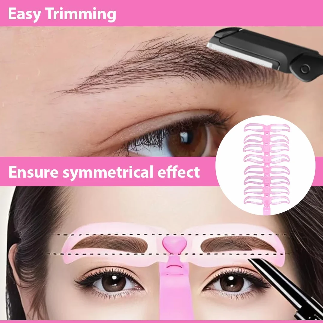GXGM Stencil Sopracciglia Kit Timbri Sopracciglia 8 Stencil per Sopracciglia per Principianti Riutilizzabili e 1 Rasoio per Sopracciglia, Rosa
