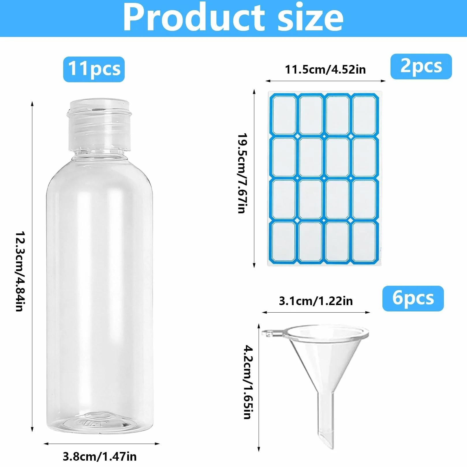 11 Pz Flaconi da Viaggio 100 ml, Kit Viaggio Aereo, Bottiglie Vuote Ricaricabili per Articoli da Toeletta, Cosmetici, Shampoo, Lozioni, Liquidi, con 6 Imbuti, 2 Etichette
