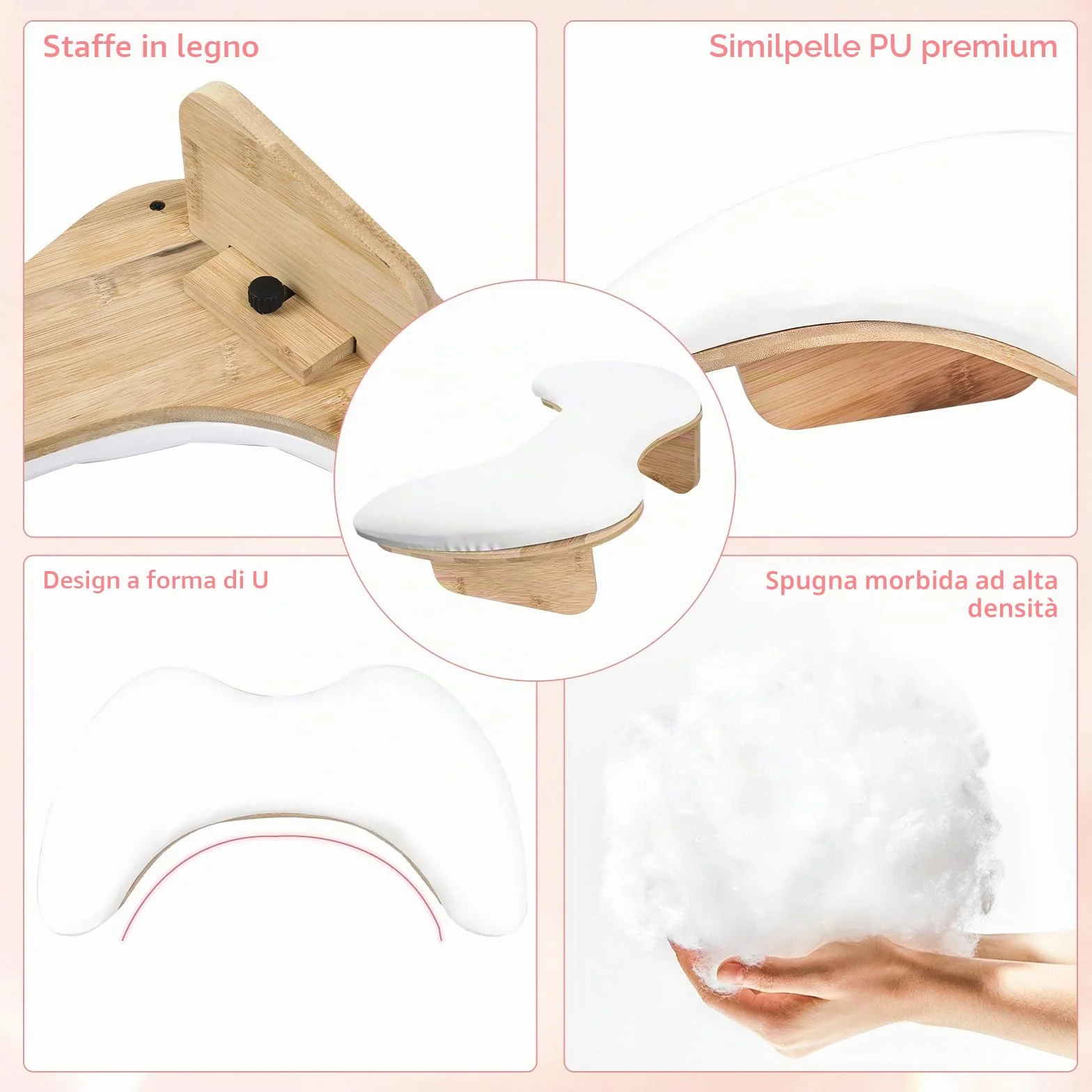Bracciolo a forma di U per nail tech, bracciolo per unghie con staffe staccabili, in microfibra e pelle PU, cuscino per manicure per nail tech, strumenti indispensabili per manicure (bianco)