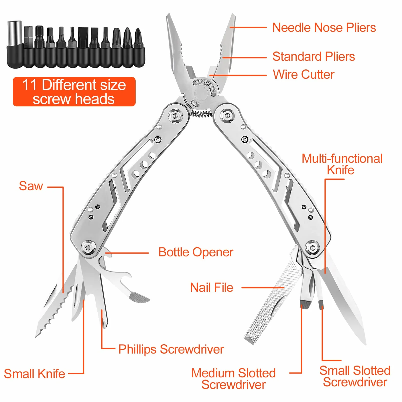 Gvolatee Pinza Multiuso 11 in 1, Pieghevole Multitool Acciaio Inossidabile Cacciavite