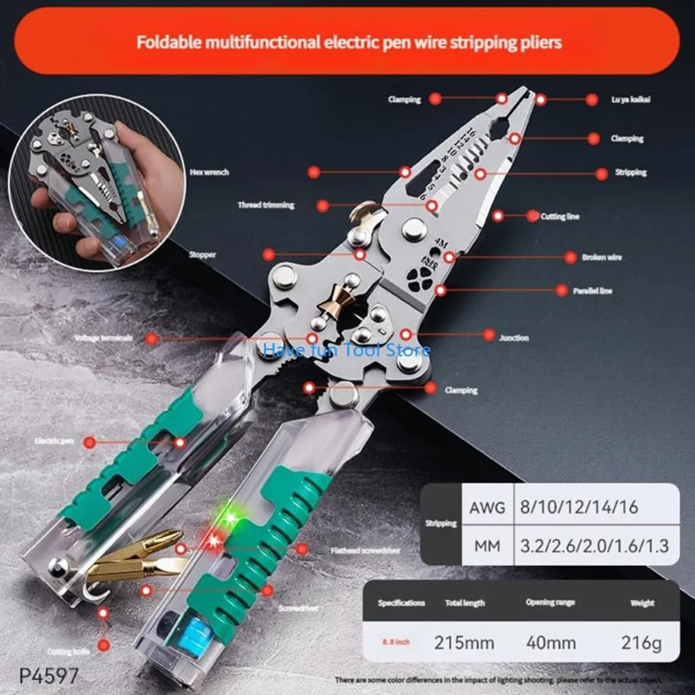 Professionale Pinza Spelafili 18 in 1 Pieghevole con Tester di Tensione 22.4cm Acciaio
