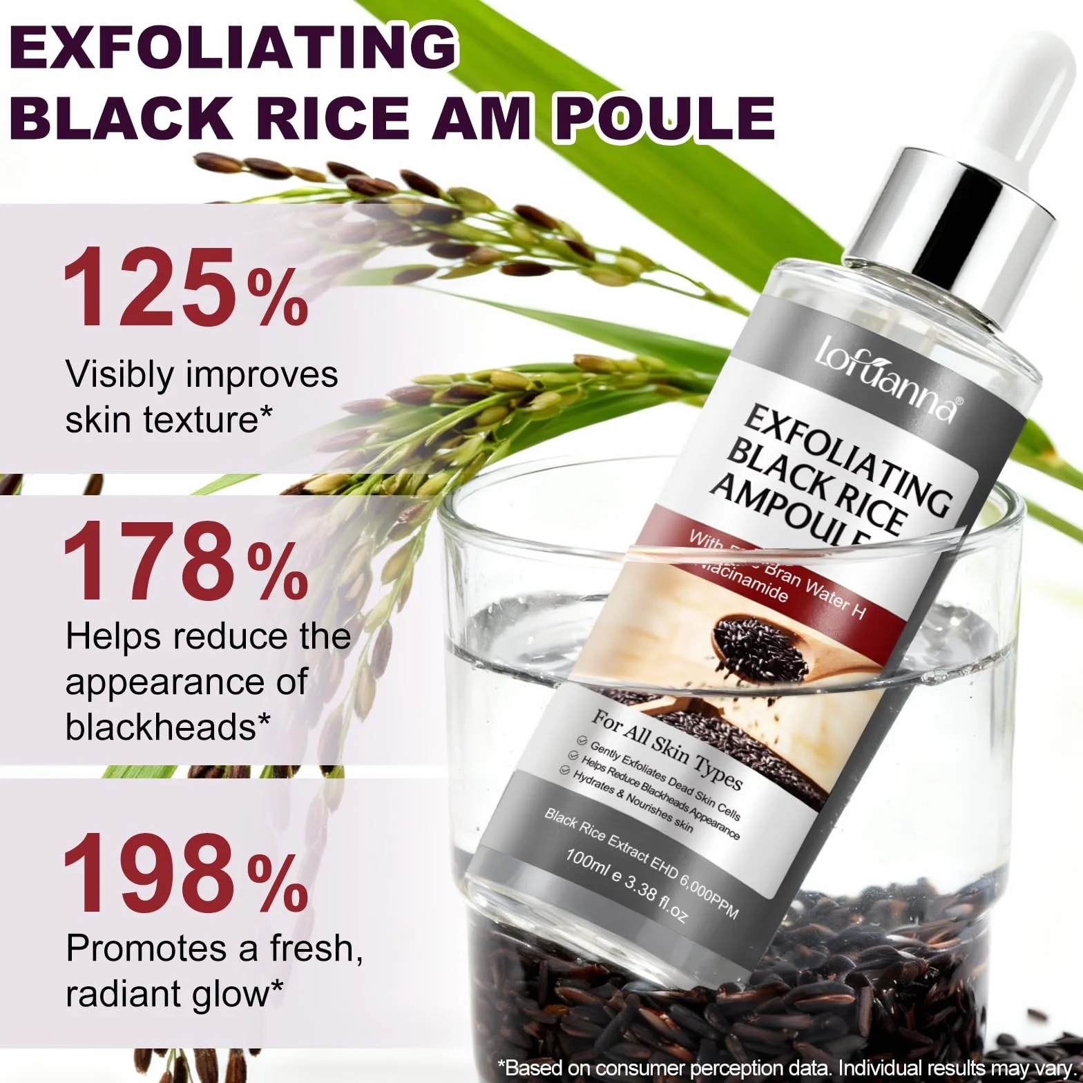 Black Rice Peeling Serum 100ml, Esfoliante Viso Delicato, Siero Esfoliante Riso Nero, Rimuove Cellule Morte e Punti Neri, Minimizza Pori, Niacinamide & Estratto di Riso Nero, Pelle Luminosa e Liscia