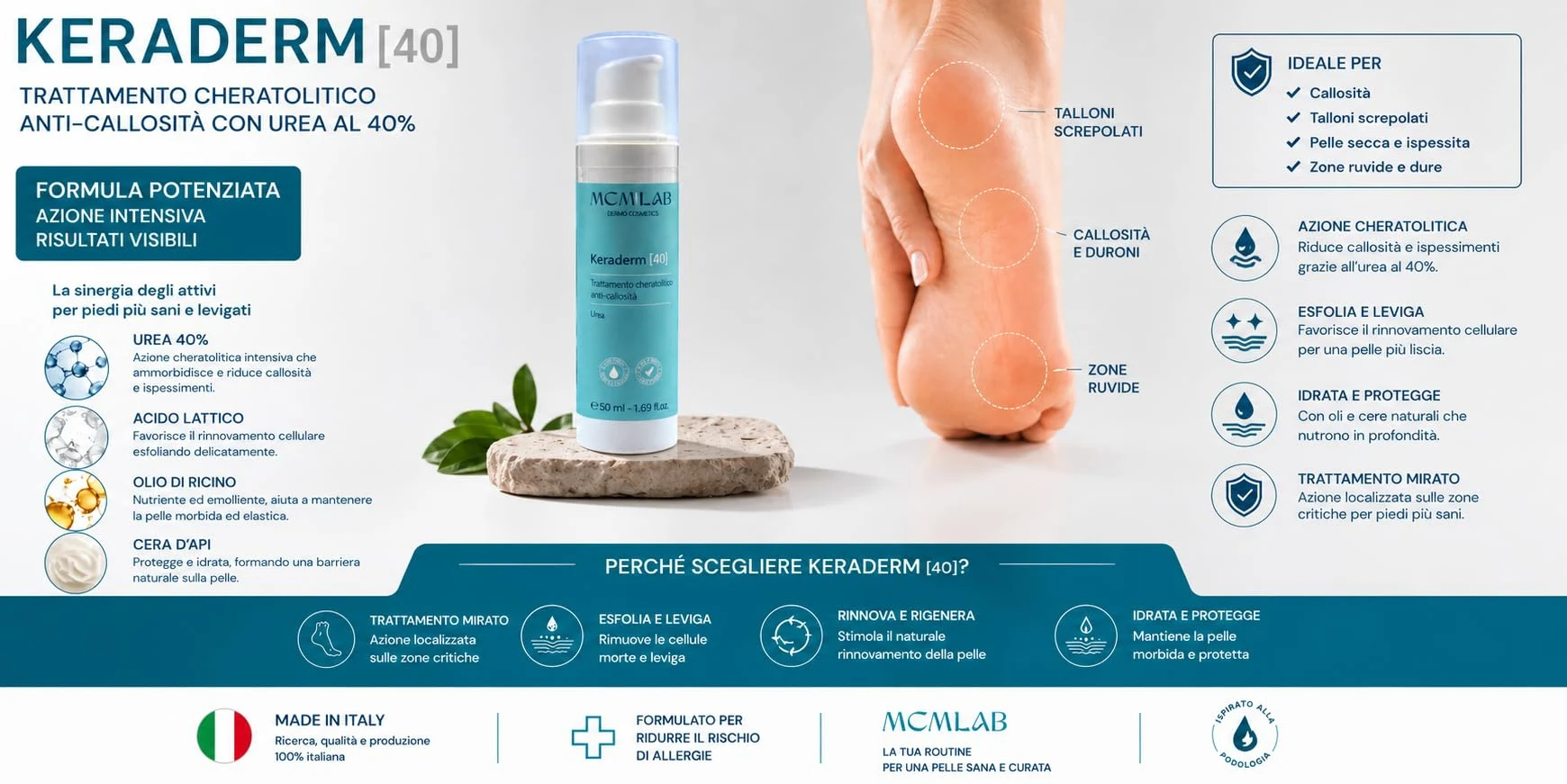 KERADERM 50 ml - Crema Piedi Urea 40% – Trattamento professionale intensivo Anti-Callosità e Talloni Screpolati – Azione Cheratolitica avanzata – Ispirato alla podologia - Made in Italy