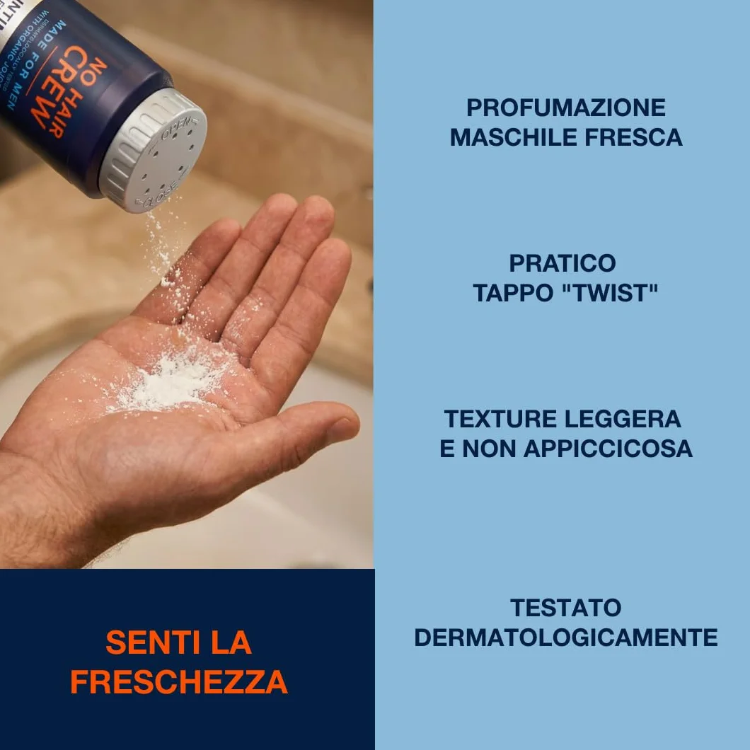 NO HAIR CREW Dry & Fresh Polvere Intima Uomo 100 g – Polvere Corpo Senza Talco contro Sudore, Odori e Sfregamenti – Sensazione di Freschezza e Comfort Duraturi