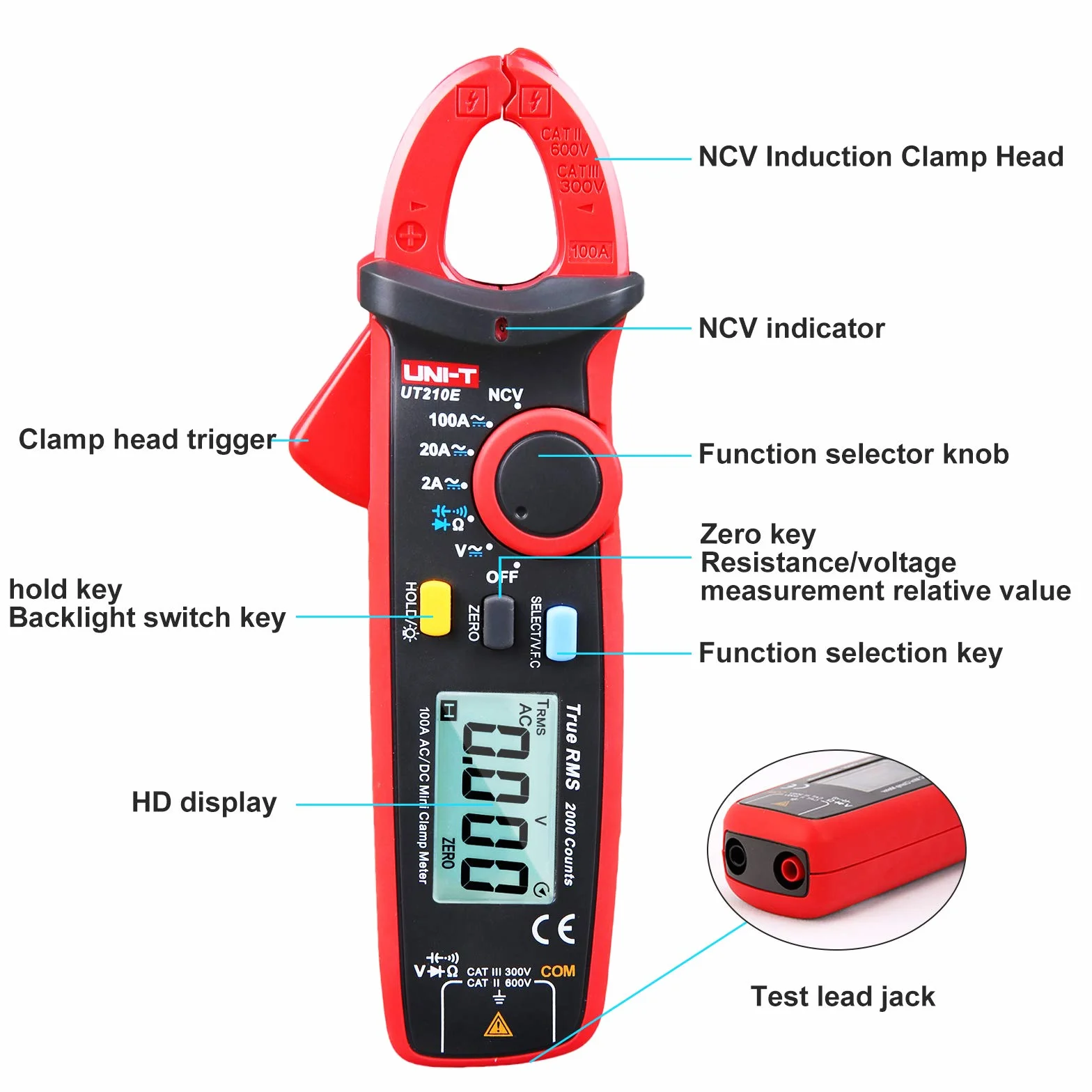 UNI-T UT210E Mini Digitale Pinza amperometrica 100A CA CC Vero RMS Multimetro con Alligatore Clip