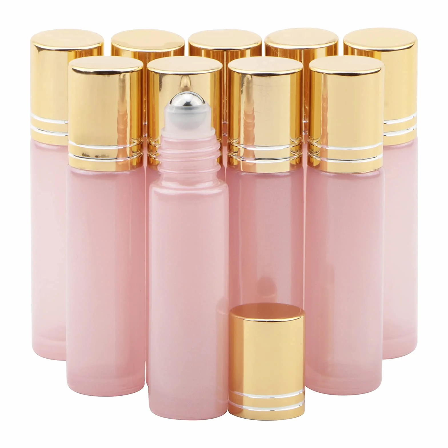 Bottiglie roll-on per oli essenziali, 10 ml, vuote, ricaricabili, in vetro, con tappo dorato, per profumi, aromaterapia, colore: Rosa Perlato