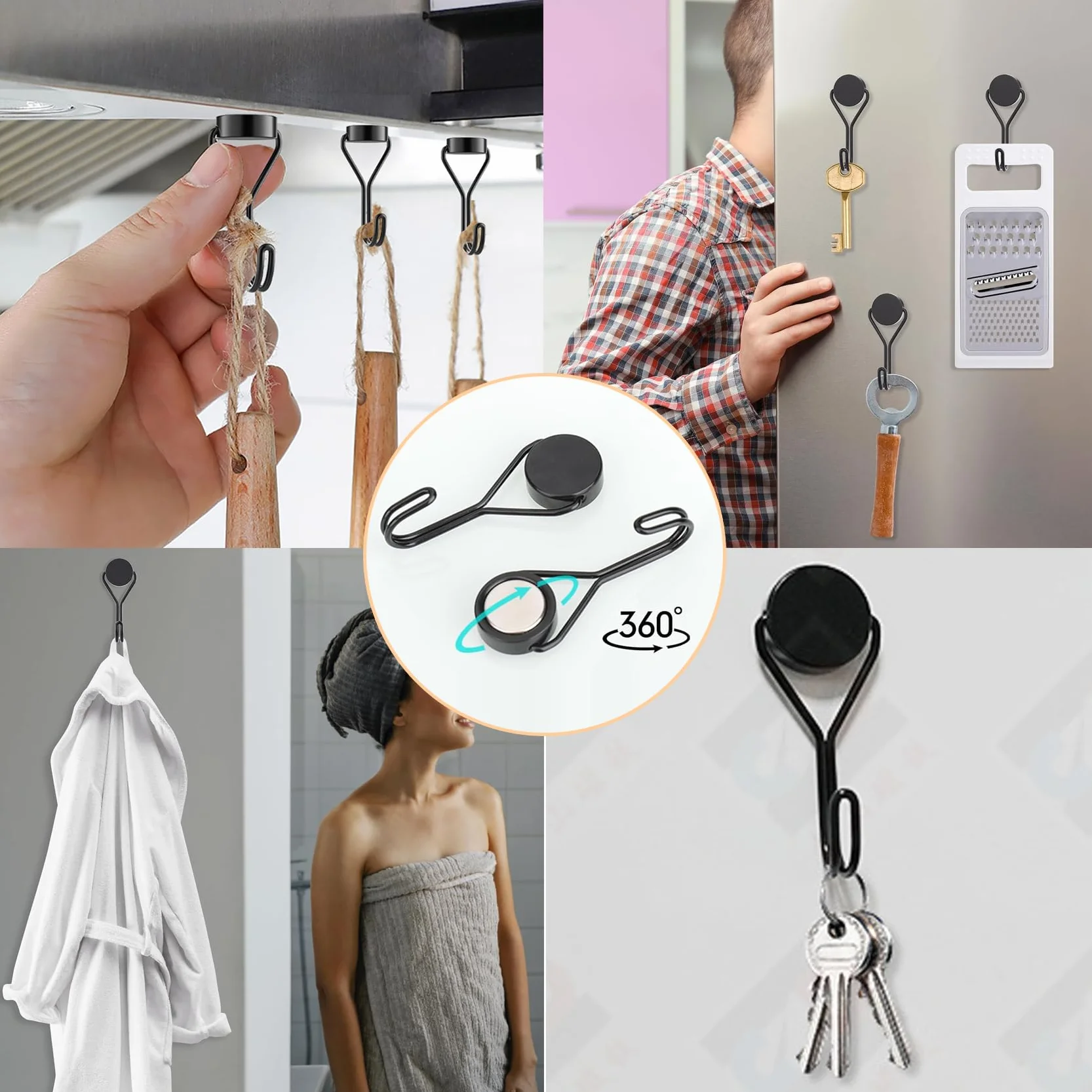 Ganci Magnetici Extra Forti 16mm Neodimio Magnete Gancio Senza Punzonatura Nero 4 Pezzi