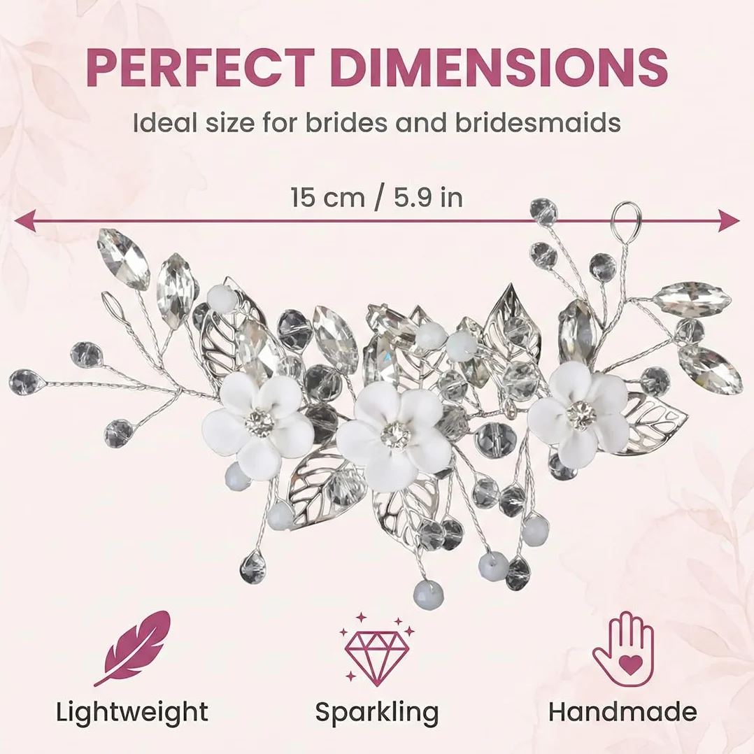 Pettinino per Sposa con Rami Fioriti, Accessori Capelli Eleganti per Cerimonia, Fermacapelli Decorativi per Donne & Ragazze (Argento)