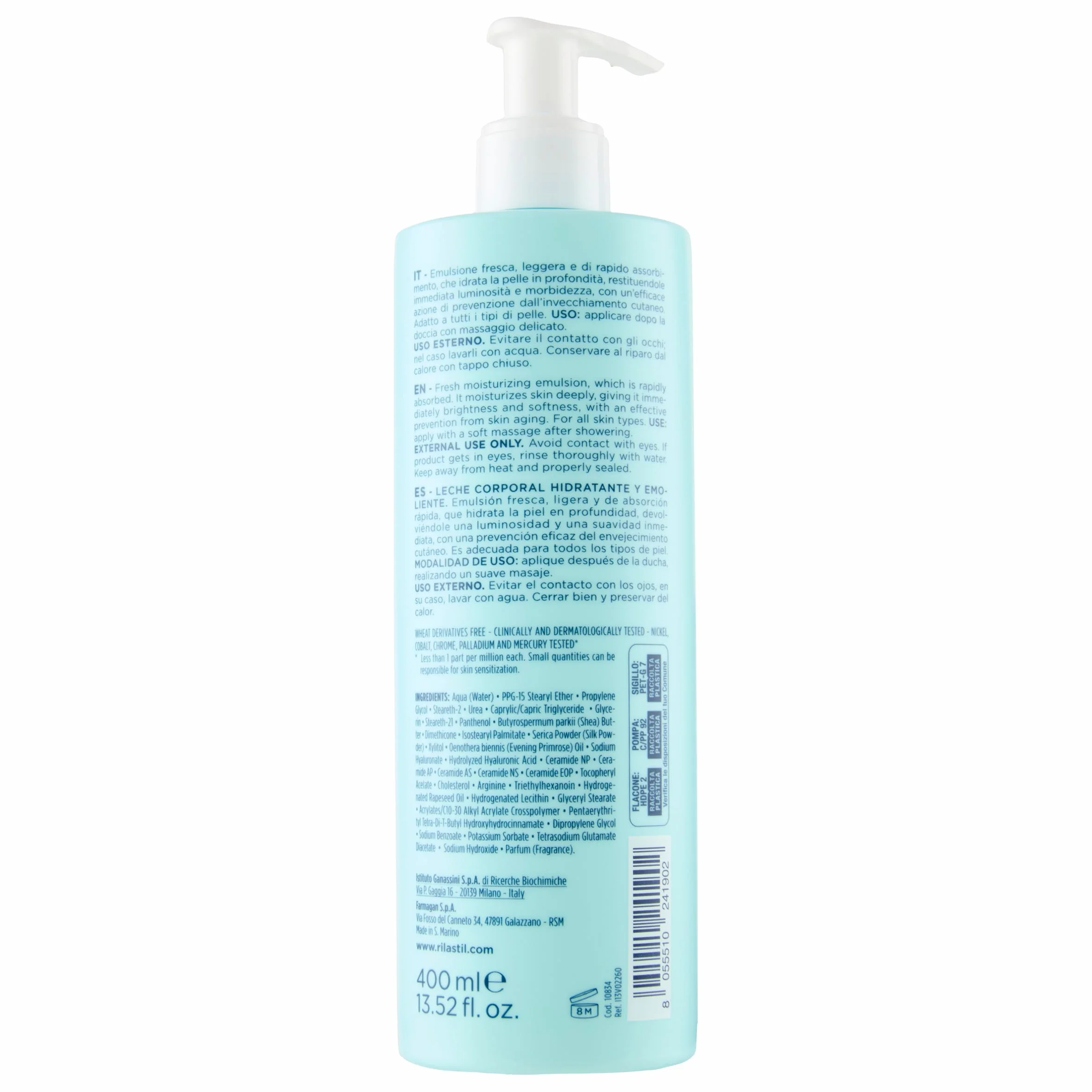 Rilastil Aqua Latte Corpo, Emulsione Fresca, Leggera, Idratante ed Emolliente con Acido Ialuronico, Confezione da 400 ml