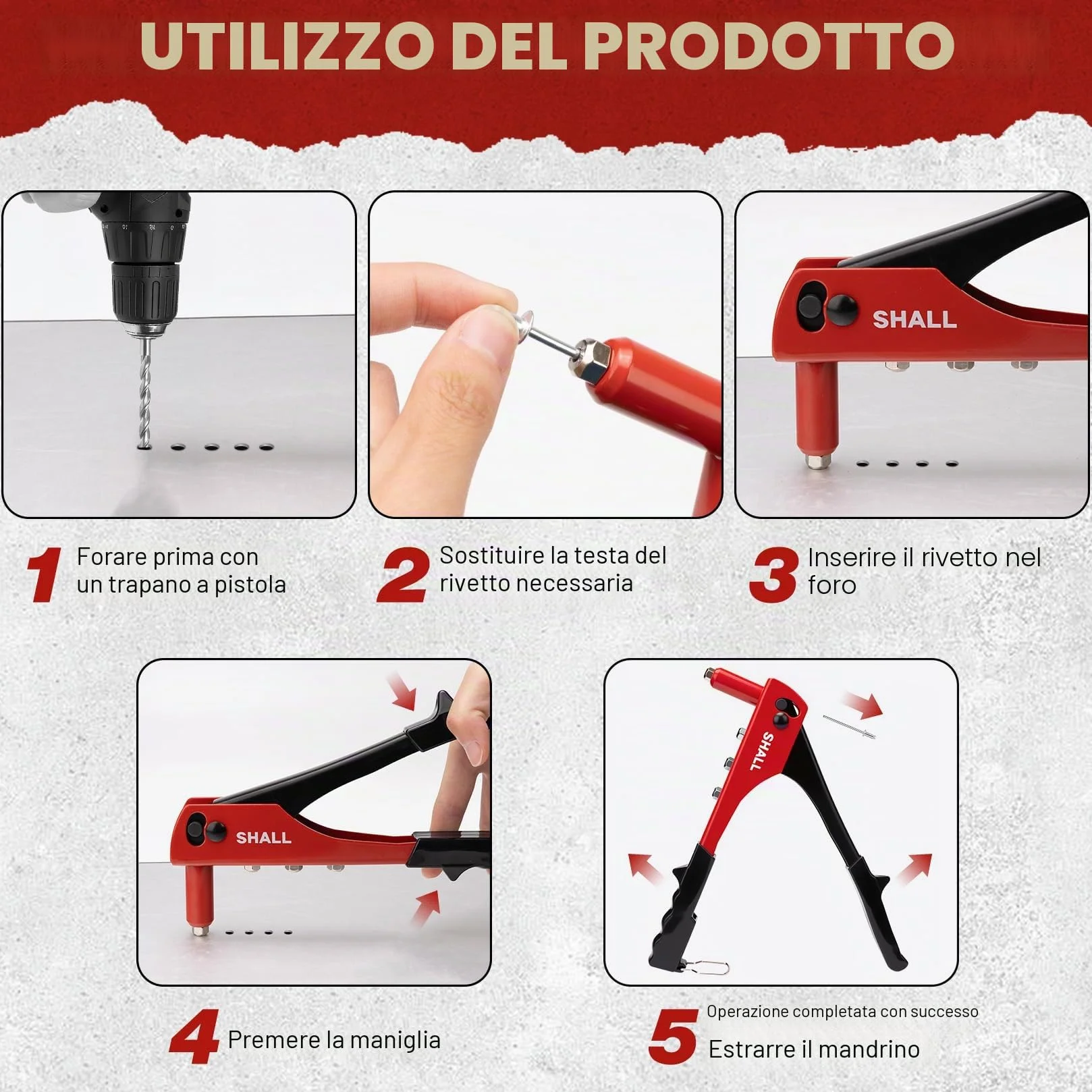 SHALL Set Rivettatrice Manuale 4 in 1 200 Rivetti 4 Misure 2,4-4,8 mm