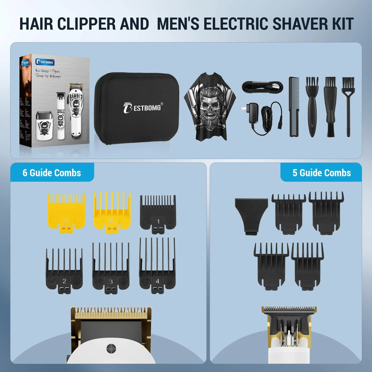 BESTBOMG Tagliacapelli Uomo Professionale Macchinetta per Capelli Senza Fili, Regolabarba Rasoiocapelli Trimmer Rasoio Elettrico Con Mantella da Barbiere e Pettine Limite