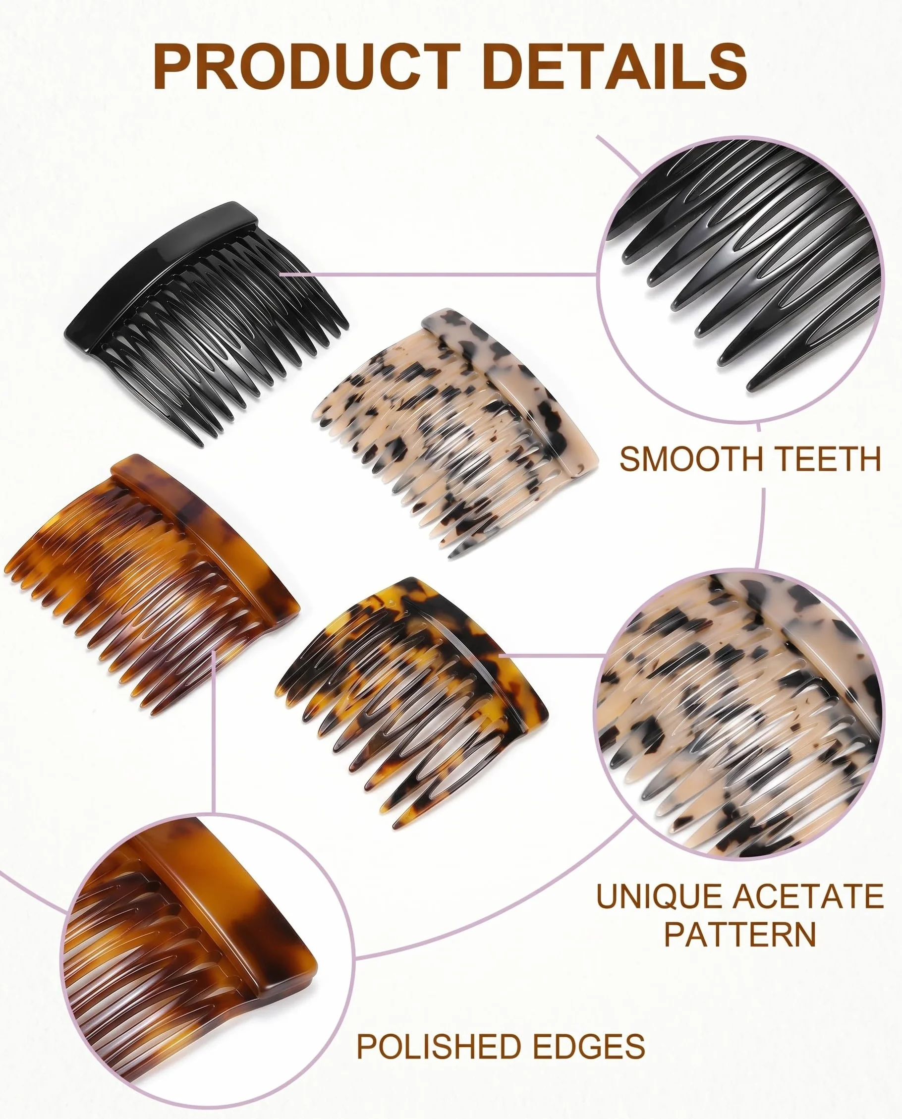 Pettini Fermacapelli Donna 4 Pezzi in Acetato, Stile Francese per Acconciature Eleganti, Ideali per Chignon, Dutt e Raccolti con Tenuta Forte e Duratura.