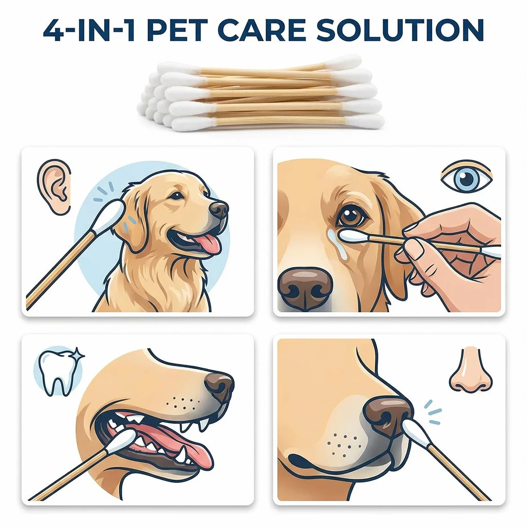 100 Pezzi Cotton Fioc per Cani, Bastoncini per Pulizia Orecchie Lunghi, Tamponi di Cotone con Punta Larga per Animali Domestici Cani e Gatti (12cm)
