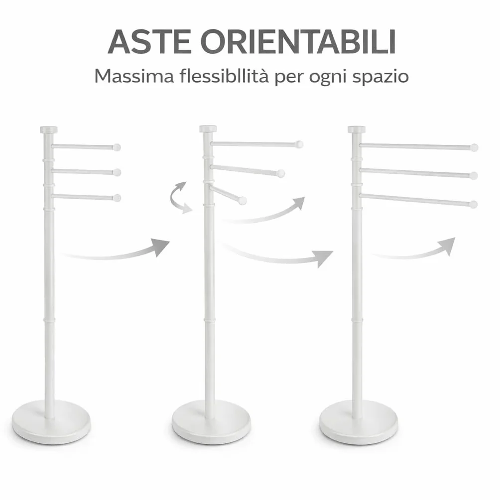 Portasciugamani da Terra Acciaio Inox Bianco 3 Bracci Girevoli 90 cm
