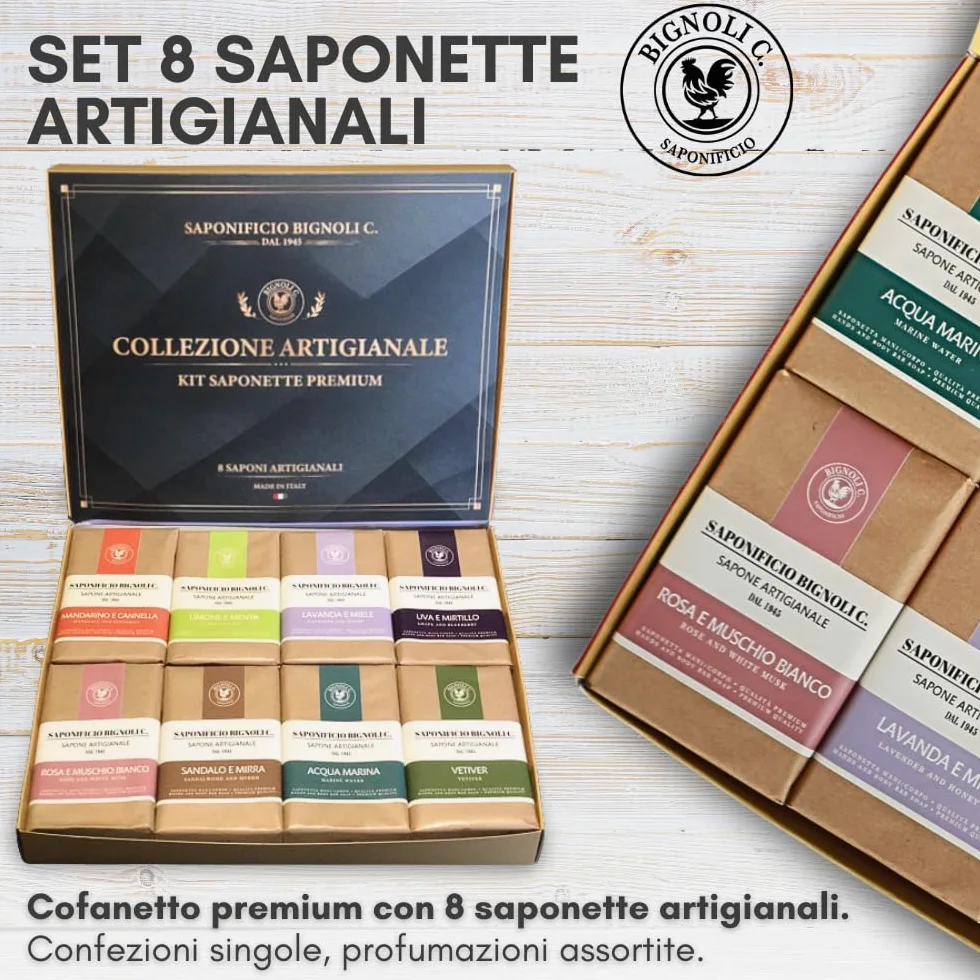 Bignoli Set Regalo Saponette Artigianali – 8 saponi corpo profumati in cofanetto premium, artigianale Made in Italy con formule tradizionali e confezioni singole (Classic)