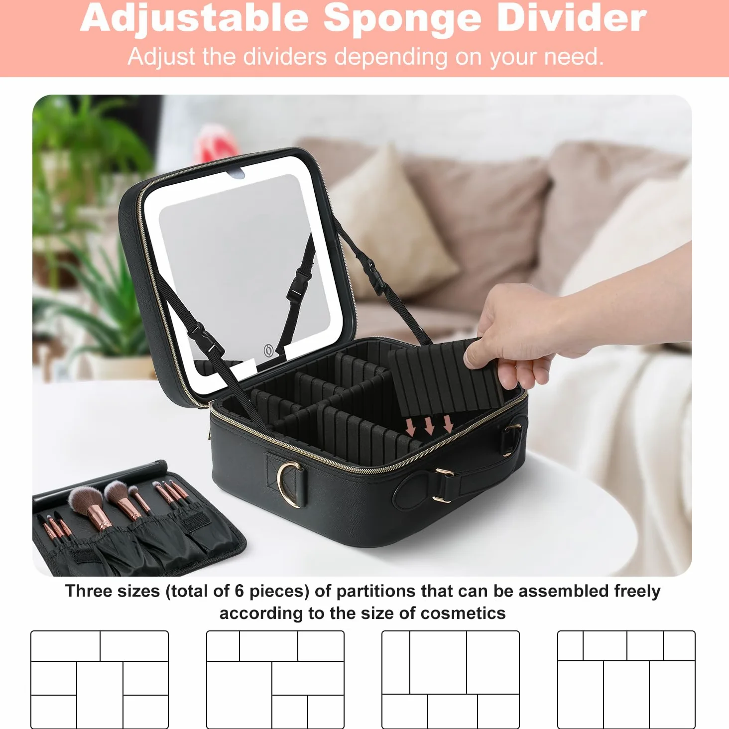 Mocado Beauty case da viaggio con specchio a LED, organizer per trucchi, con 3 impostazioni illuminate e specchio ingranditore 10x, 8 pennelli, divisori regolabili (motivo a losanga nera), Patterm a