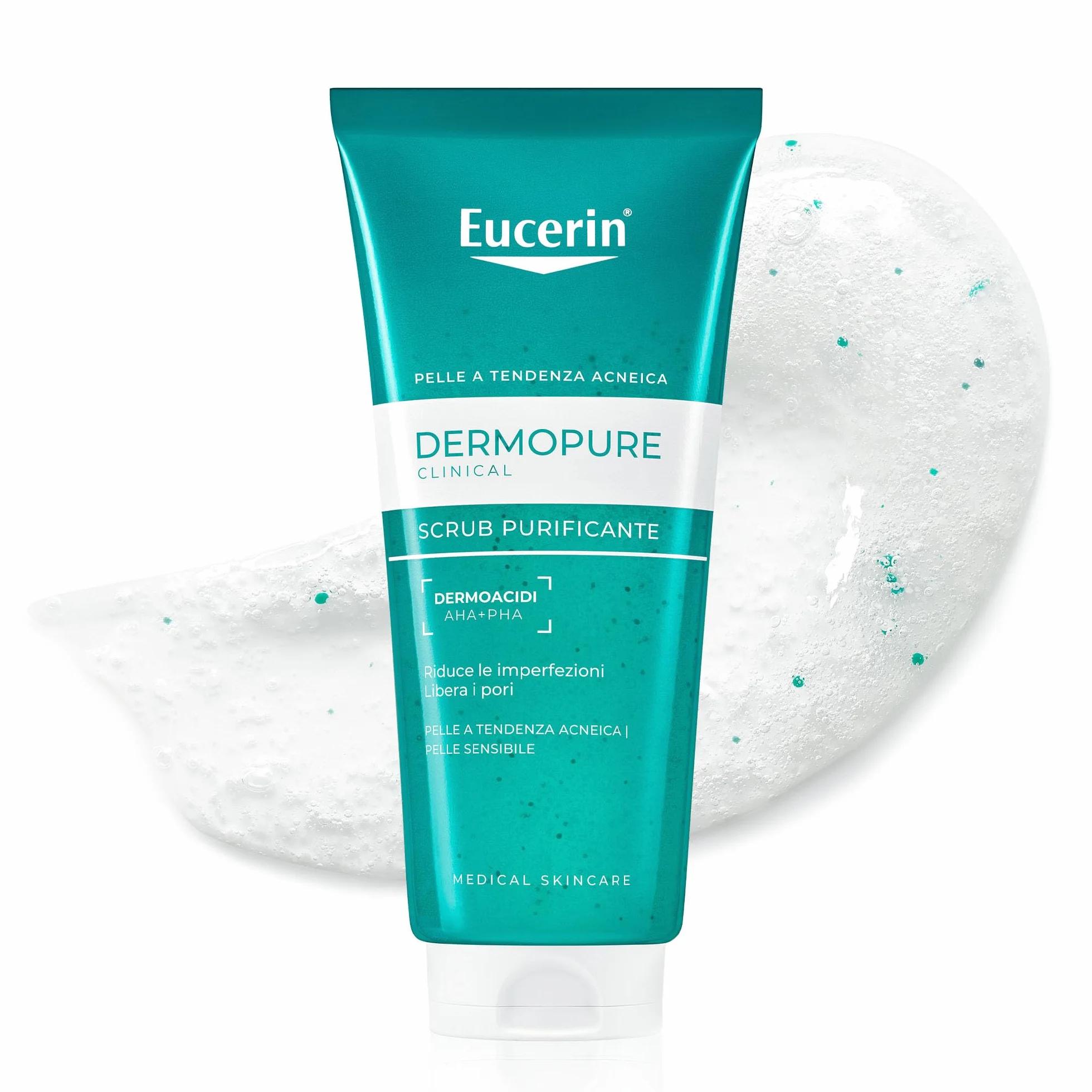 Eucerin DermoPure Clinical Scrub Purificante 100 ml, Scrub viso e corpo anti-imperfezioni e punti neri con Acido Salicilico e Dermoacidi AHA + PHA, Esfoliante pelle grassa e a tendenza acneica