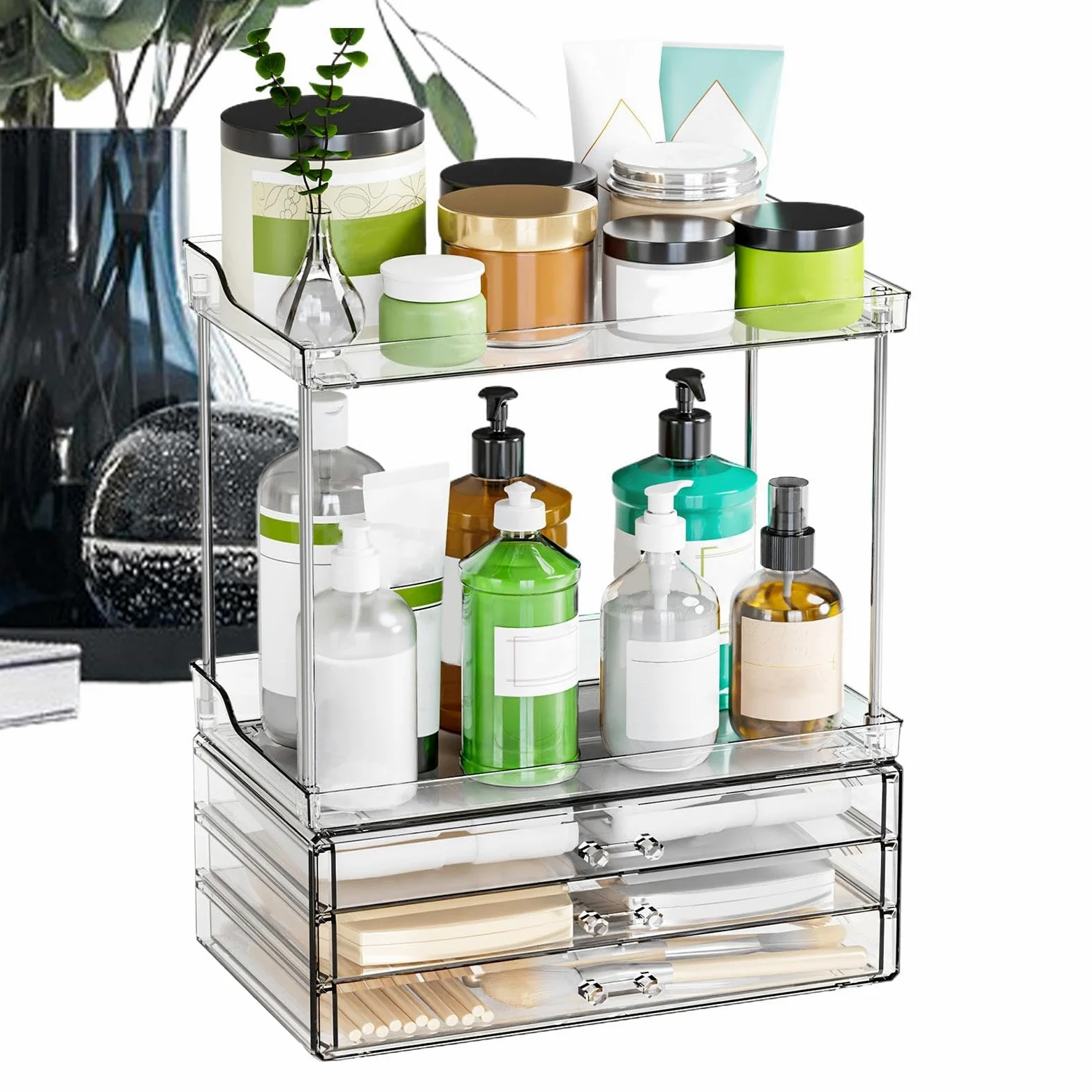 Organizer per trucchi con cassetti, supporto a 2 ripiani con cassetti, multiuso, organizer per articoli da toeletta per toeletta, cucina, camera da