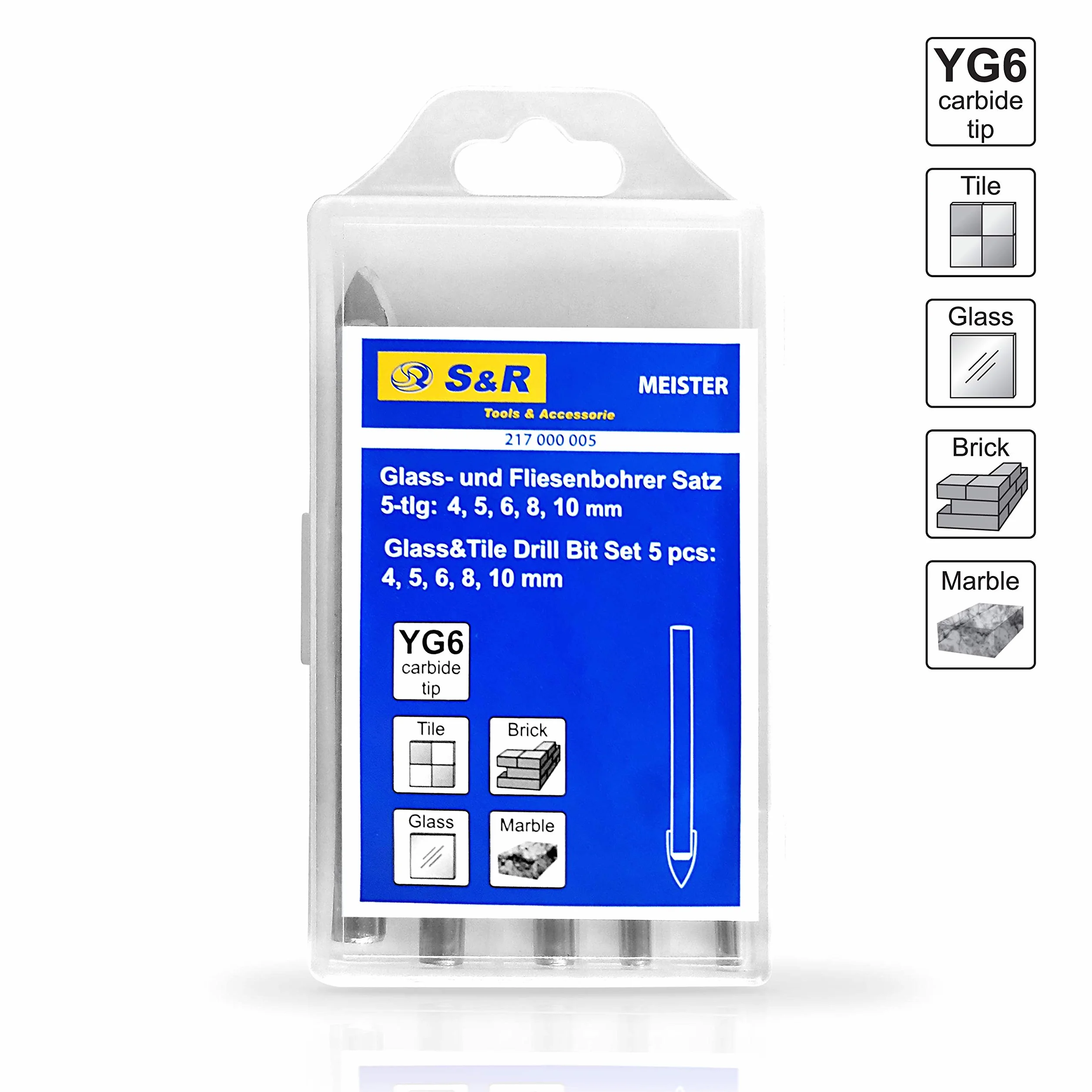 S&R Punte Trapano per Piastrelle Vetro Ceramica Set 5 4-10 mm
