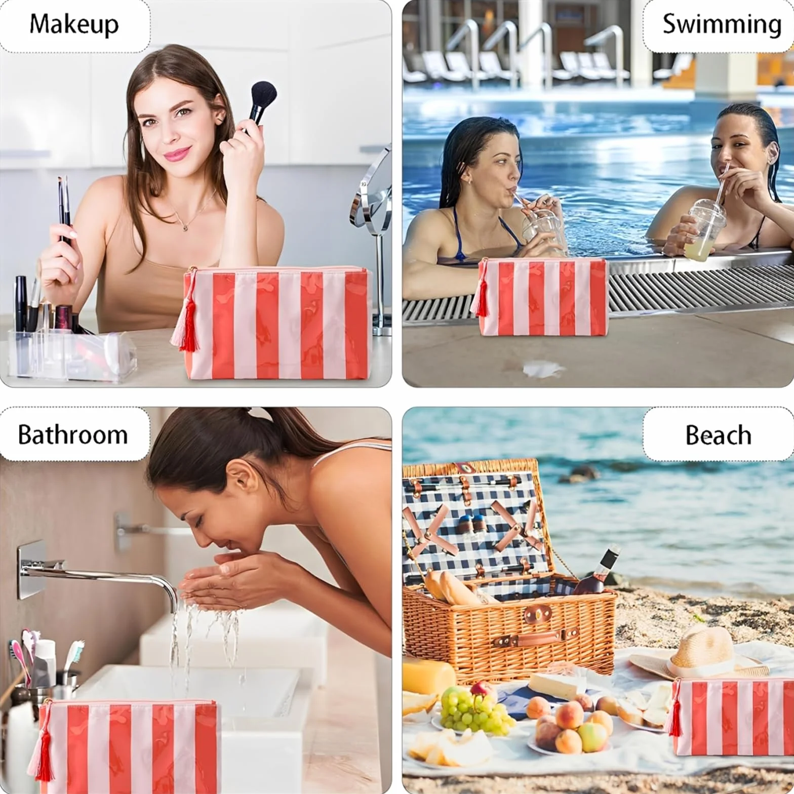 Borsa Cosmetica da Viaggio Donna Astuccio da Toilette a Righe Arancione Beauty Case Impermeabile in PVC con Cerniera Porta Trucchi Trousse Organizer Portatile per la Spiaggia e le Vacanze Estive