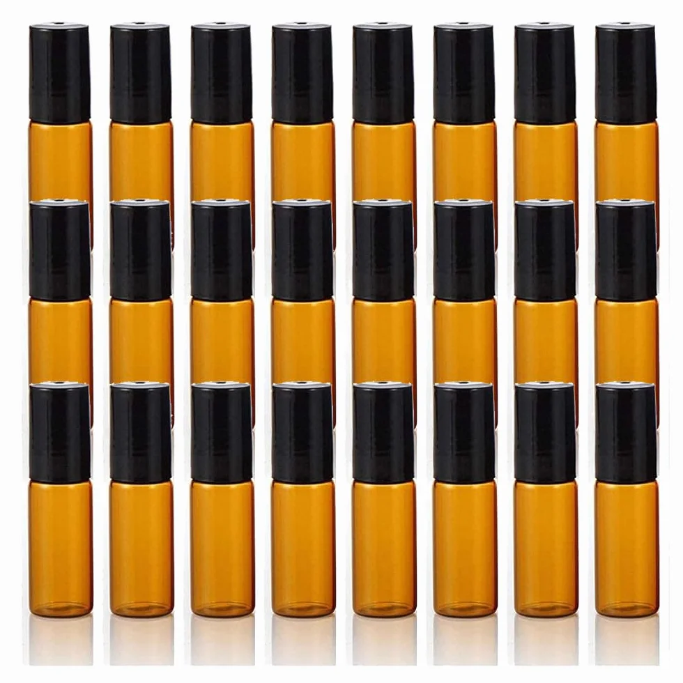 Voarge 24 bottiglie vuote in vetro roll-on da 5 ml, con scooter, marrone ambra, per oli essenziali, lozioni, profumi, marrone