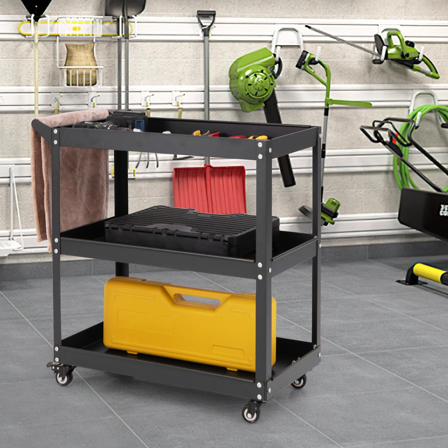 GYMAX Carrello Multiuso Robusto a 3 Ripiani con Maniglia Comoda, Ruote Bloccabili per Magazzino, Garage, Cucina, Officina (Nero)