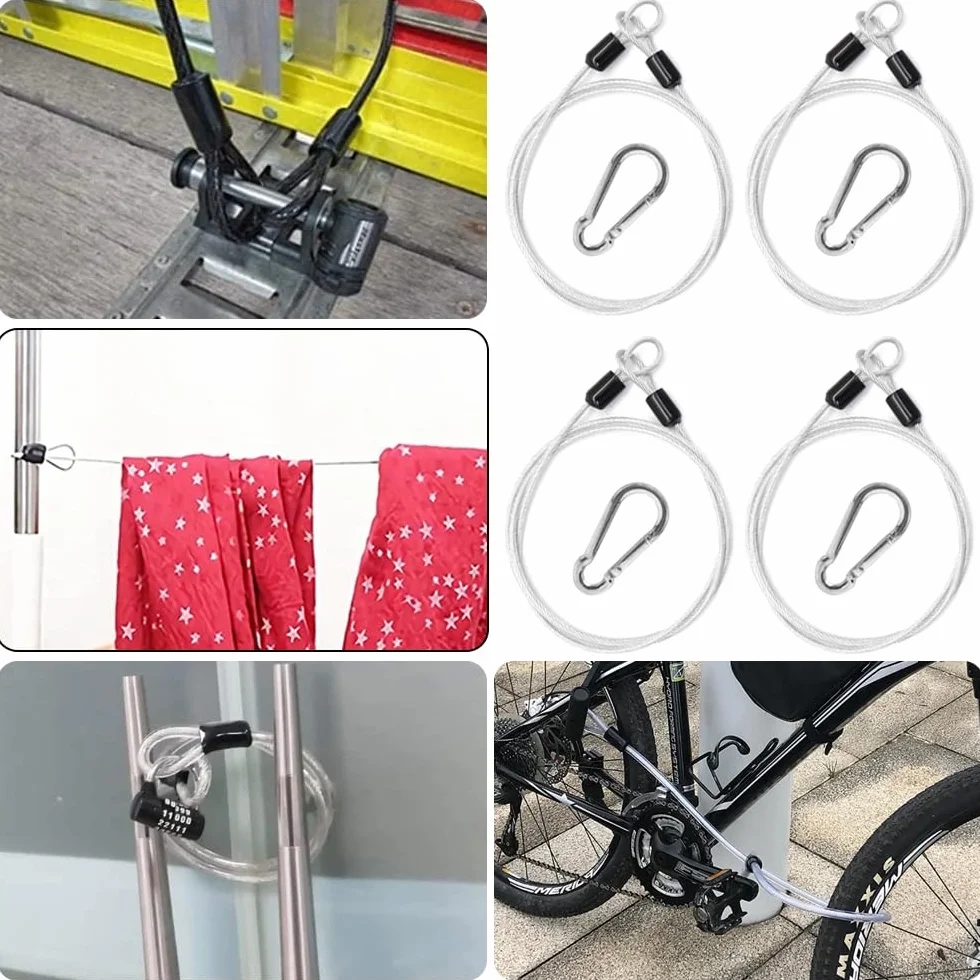Cavo di Sicurezza in Acciaio Toroidal con Serratura a Moschettone per Biciclette 1m x 3mm Argento 4 Pezzi